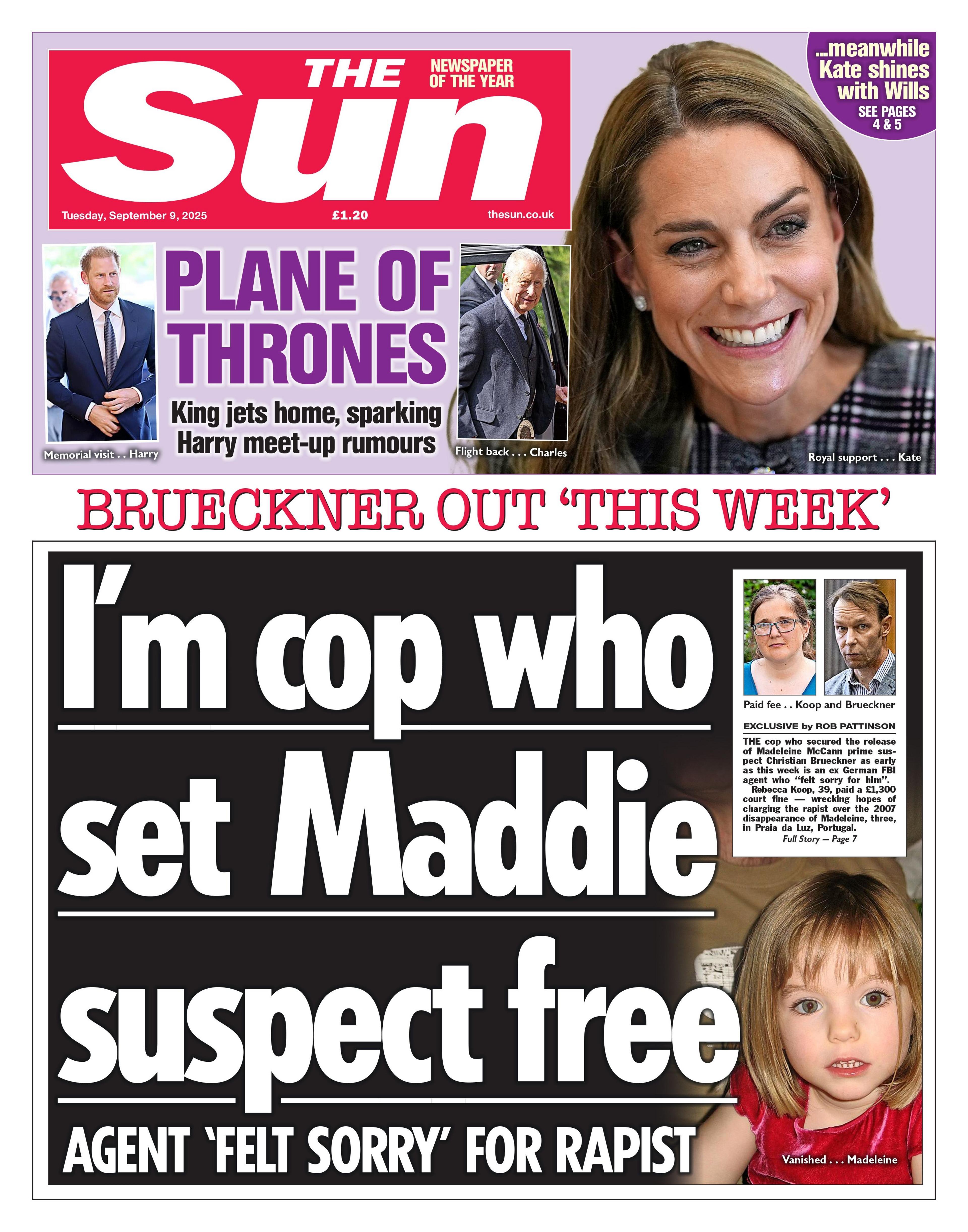 The headline on the front page of the Sun reads: "I'm cop who set Maddie suspect free".