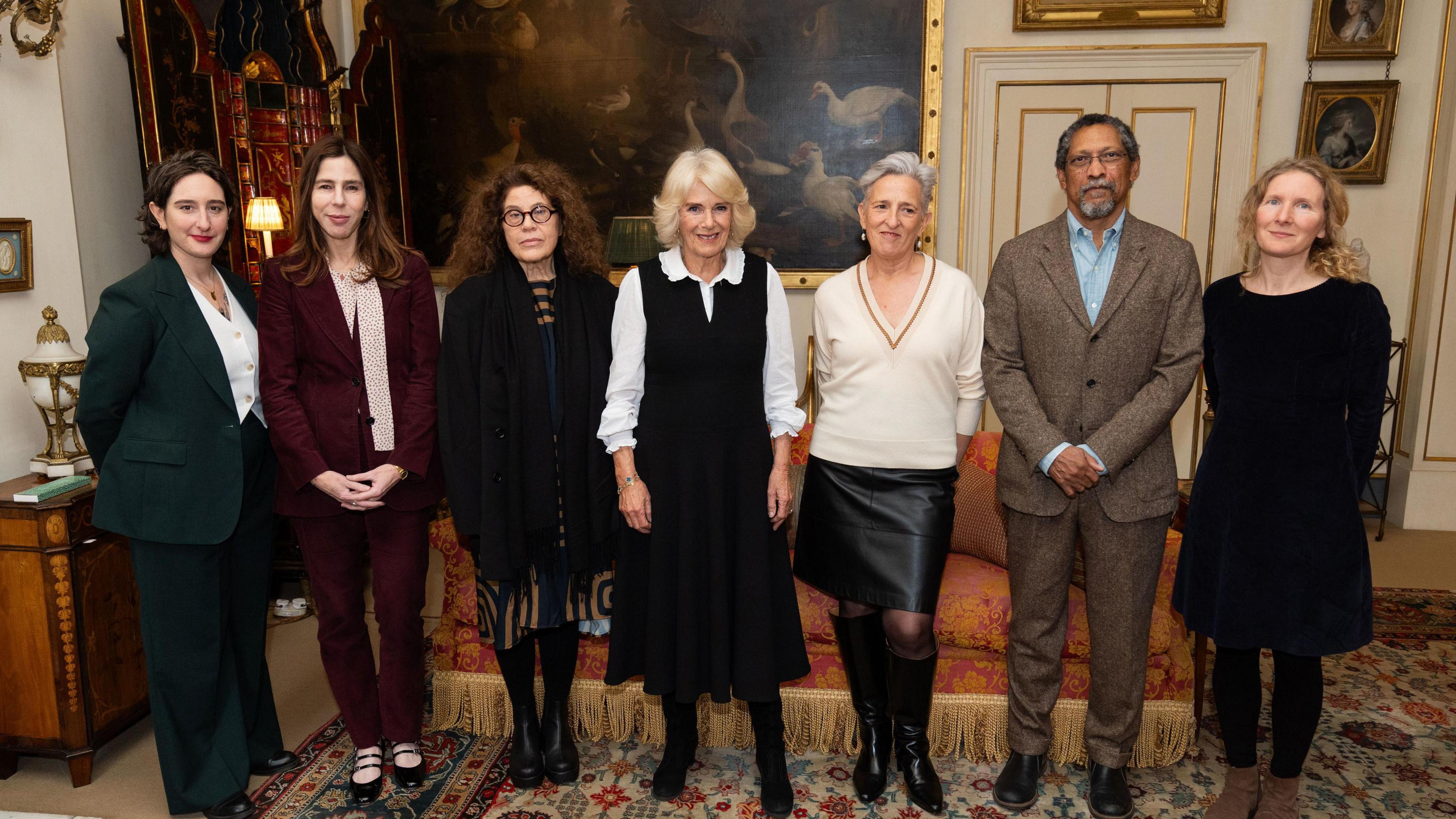 (left to right) Yael van der Wouden, Rachel Kushner, Anne Michaels, Queen Camilla, Charlotte Wood, Percival Everett, and Samantha Harvey during a reception for the Booker Prize Foundation at Clarence House, London. 