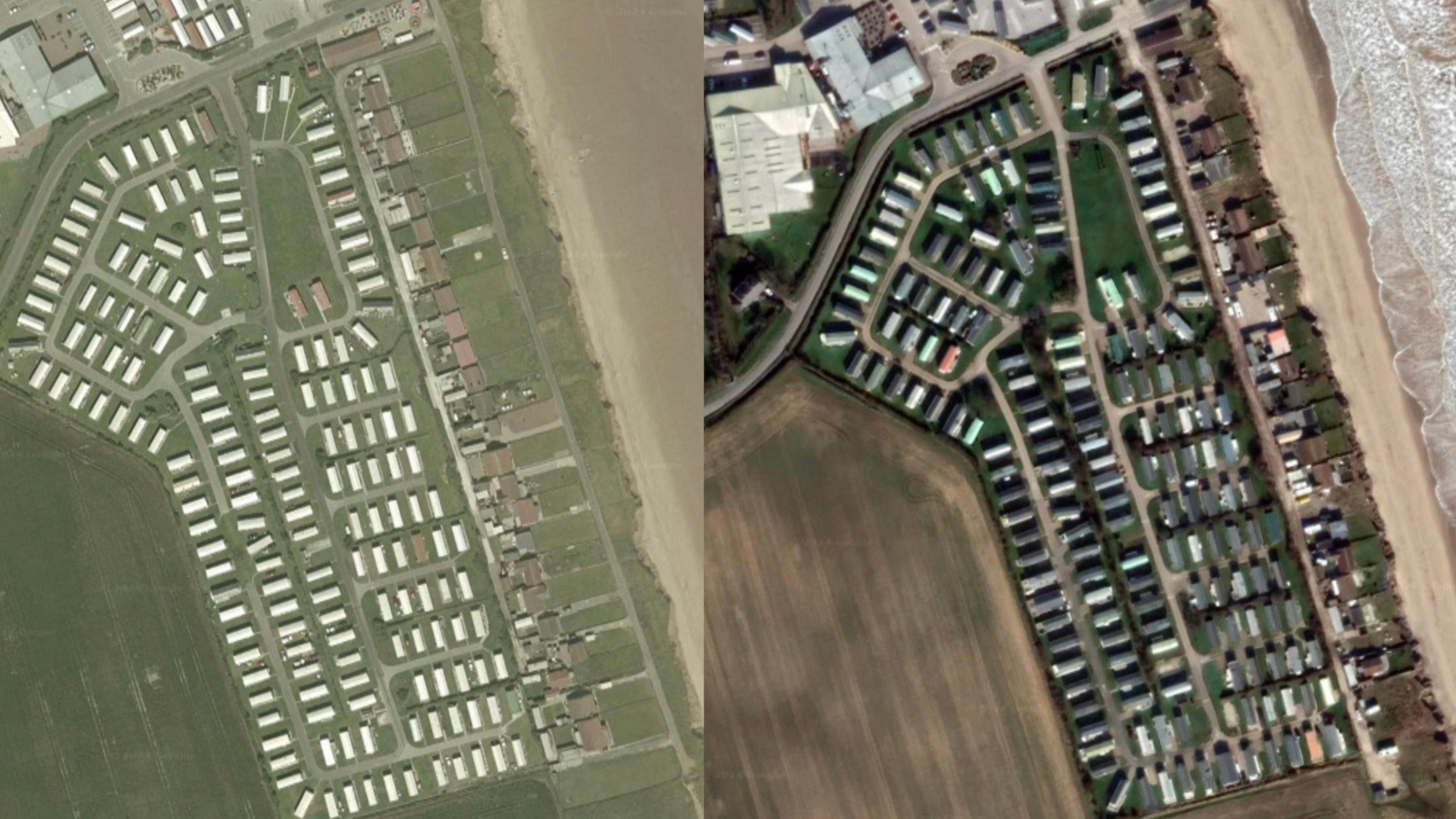 Two aerial views of Green Lane in Skipsea which show the extent of coastal erosion in the area. The image on the left shows rows of caravans and houses in 2003 and the righthand side of the image shows the same view in 2022 where the coast has fallen into the sea.