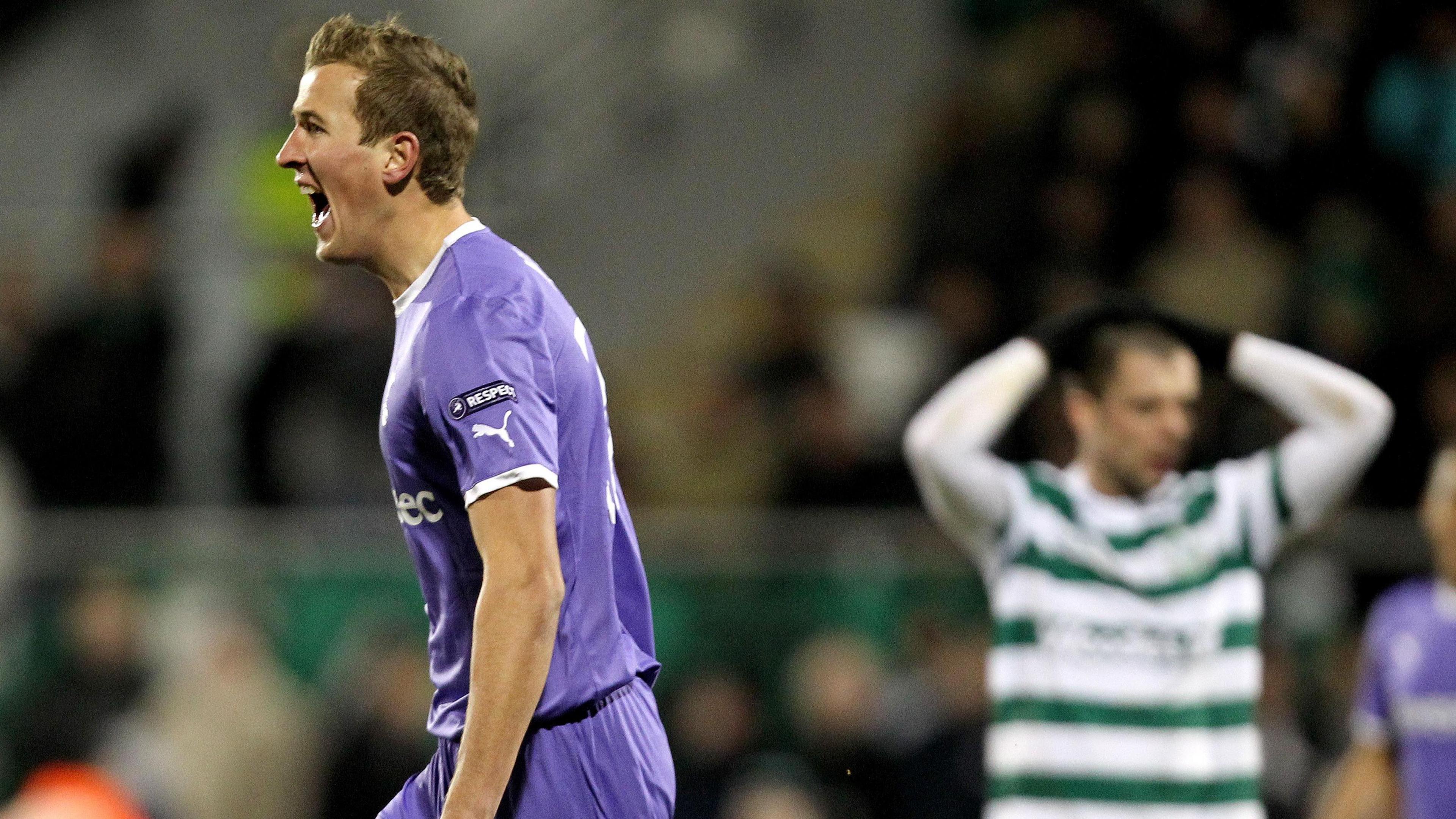 Harry Kane celebrates his first ever Spurs goal against Shamrock Rovers