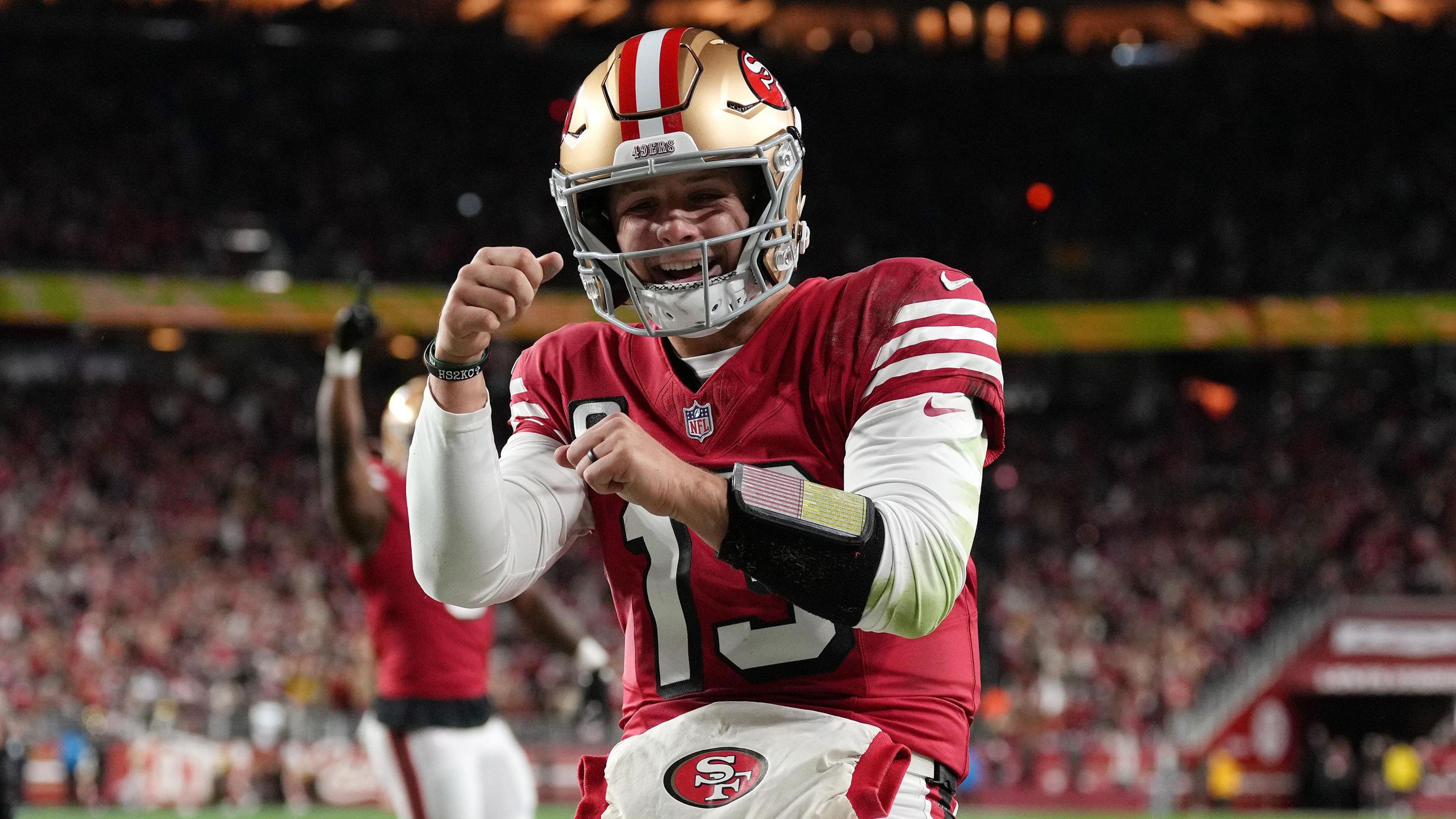 Brock Purdy dances in the end zone after scoring a touchdown for the San Francisco 49ers in the NFL