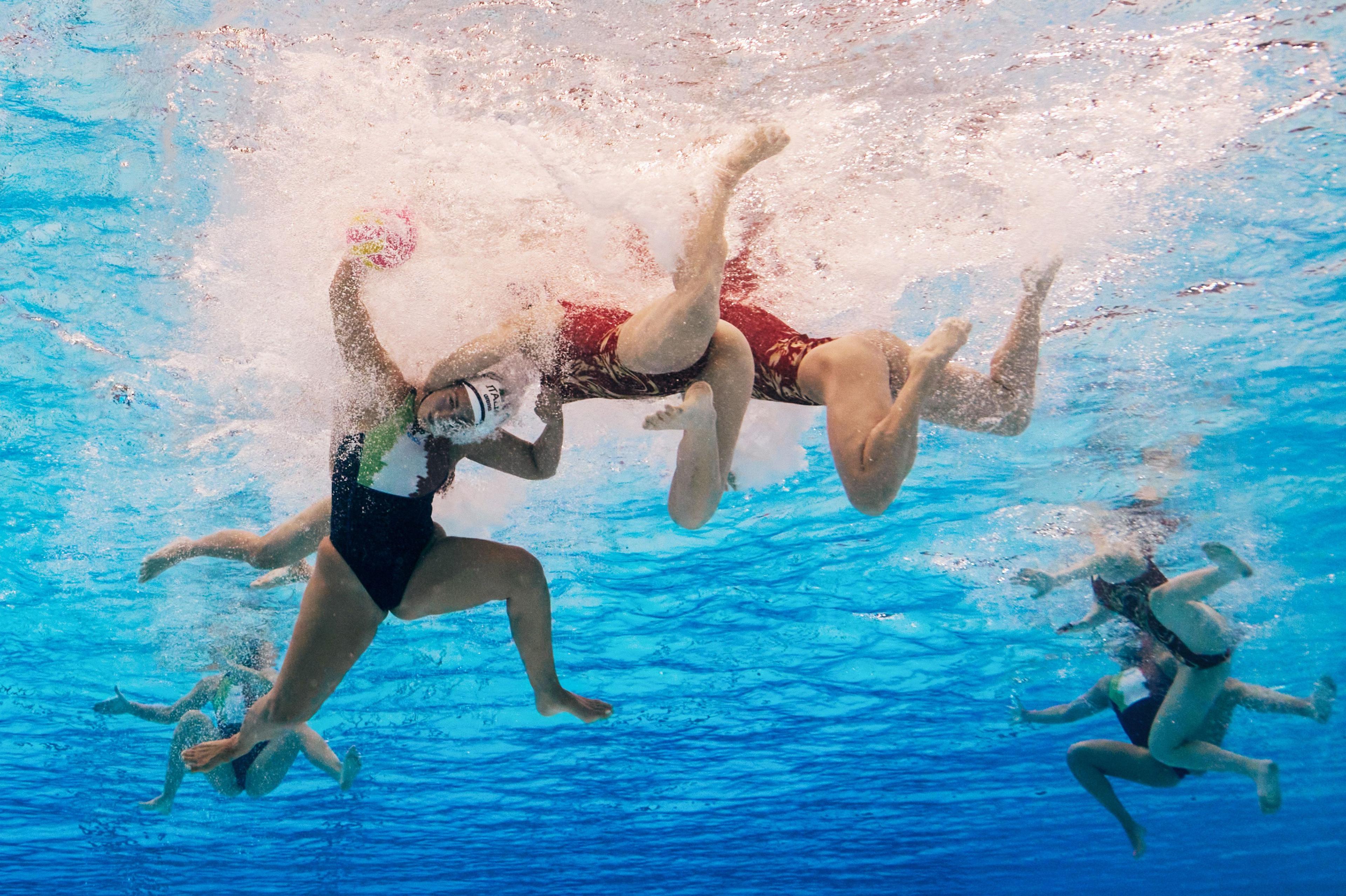 Team Italy's Agnese Cocchiere is fouled in the Women's Water Polo crossover match between Italy and China on day seven of the Singapore 2025 World Aquatics Championships. Photo by Quinn Rooney