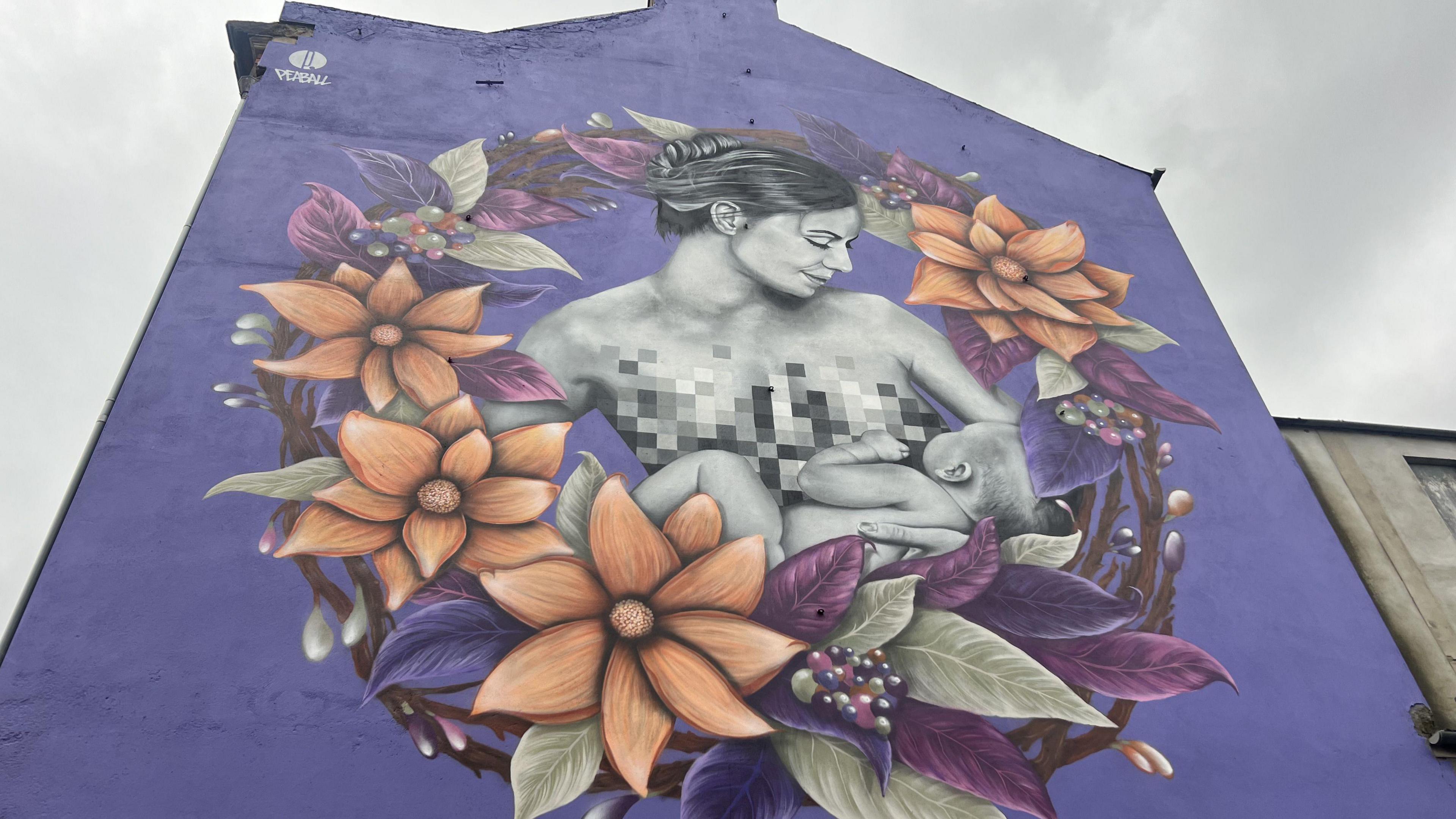 Picture of mural with purple background. It shows a mum breastfeeding a baby - part of which is censored. Around that is a reef with orange and purple flowers. 