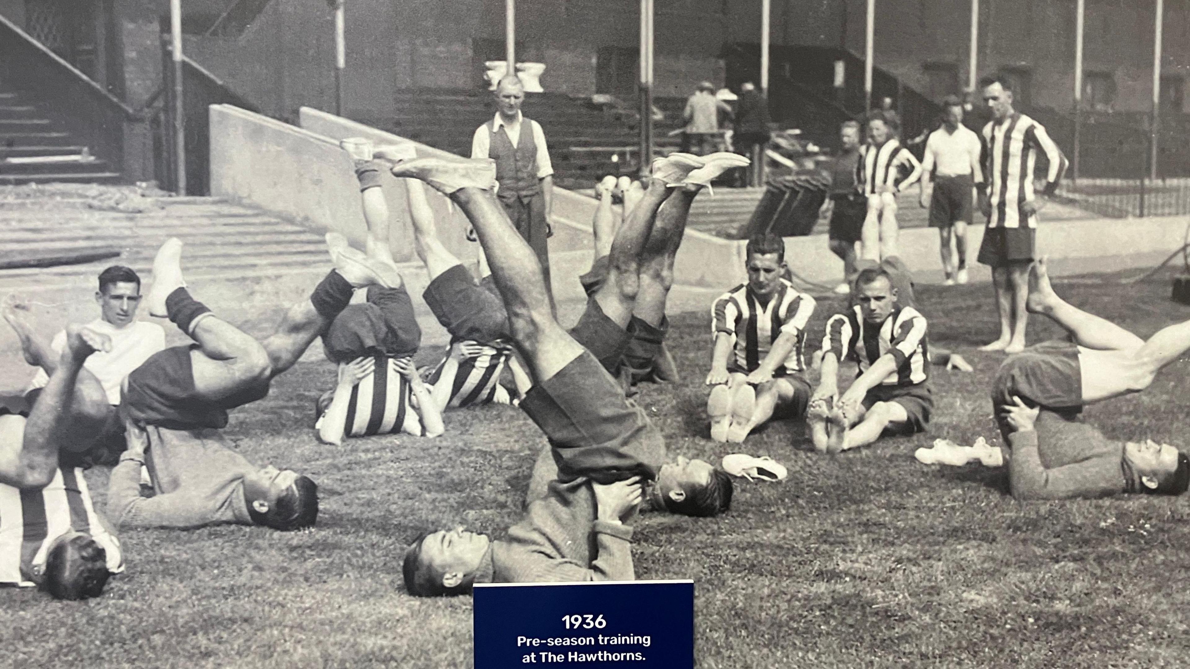 A black and white picture from 1936 shows the club's players in pre-season training at The Hawthorns.