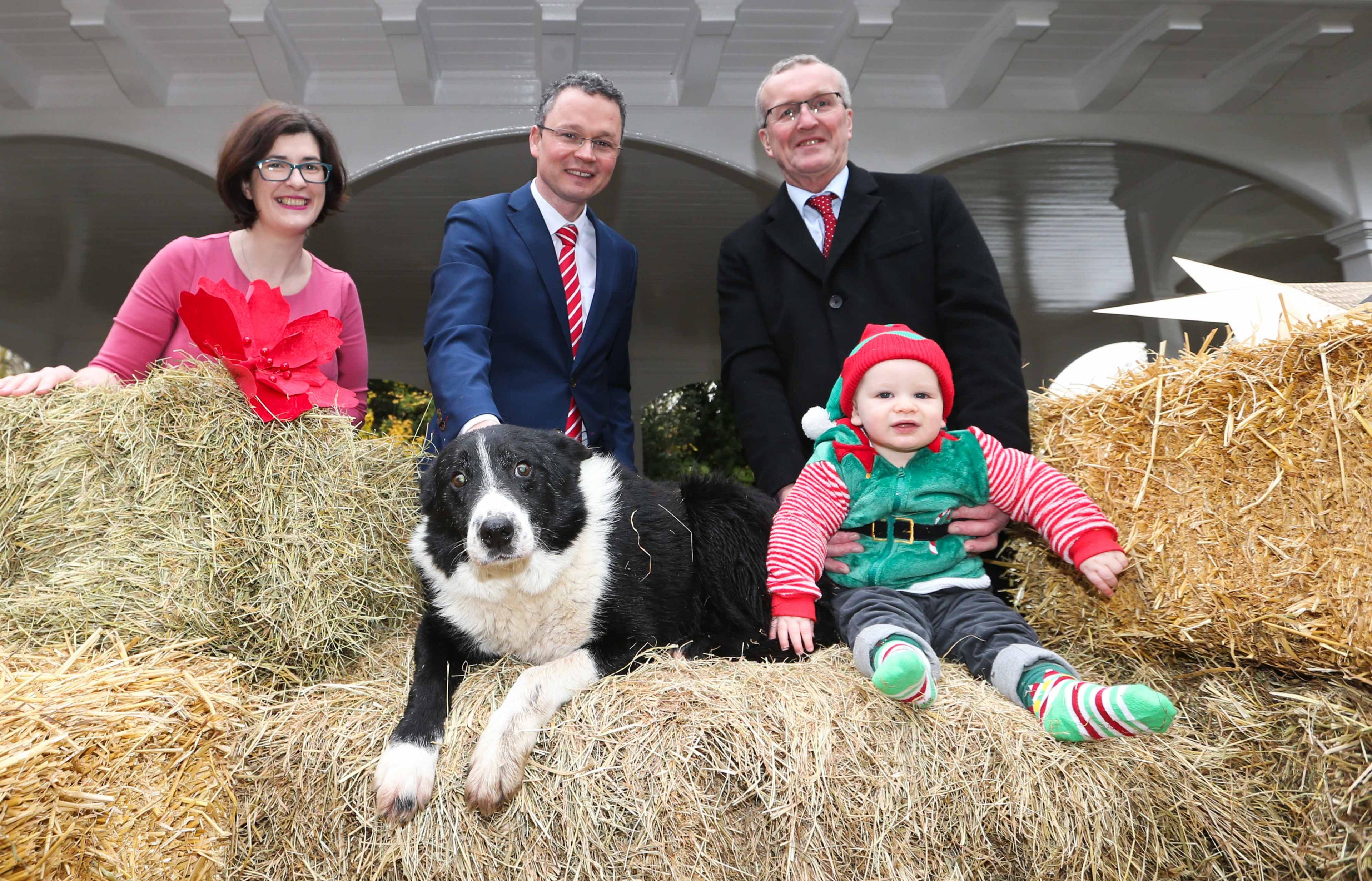 Minister Patrick O'Donovan (centre) posed for photos at the proposed site of the new crib in St Stephen's Green 