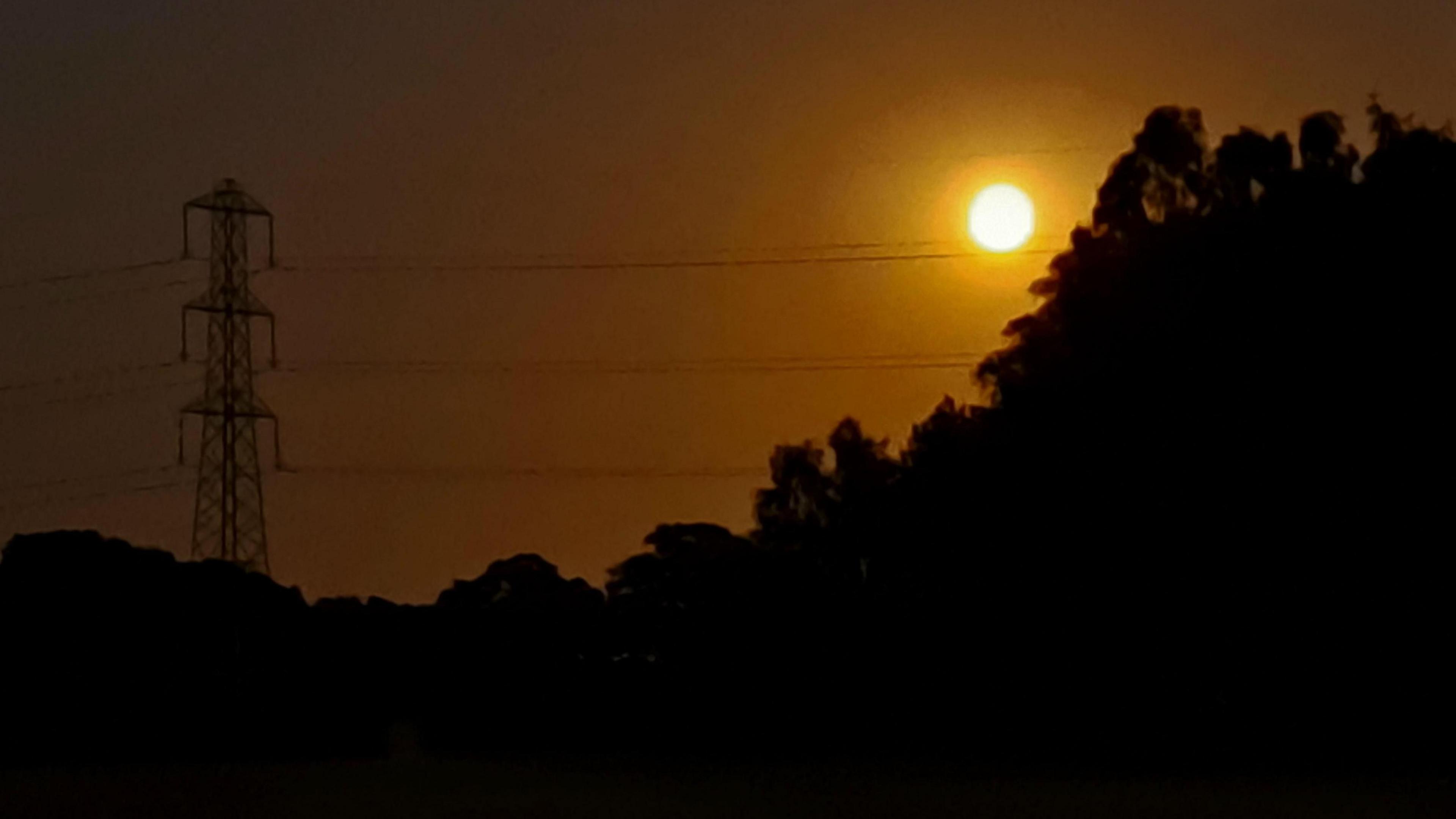 The shadow of an electricity pylon and trees as an orange glowing supermoon lights up the sky. 