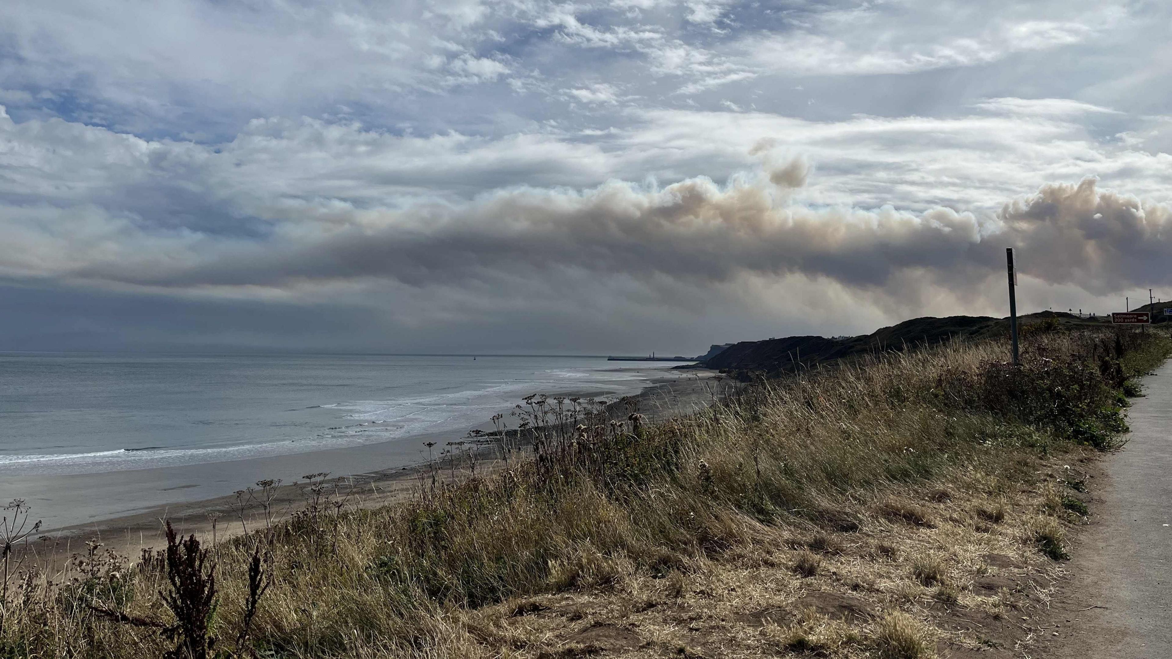 A beach in the foreground with a dark cloud of smoke billowing out from the land, out to sea.