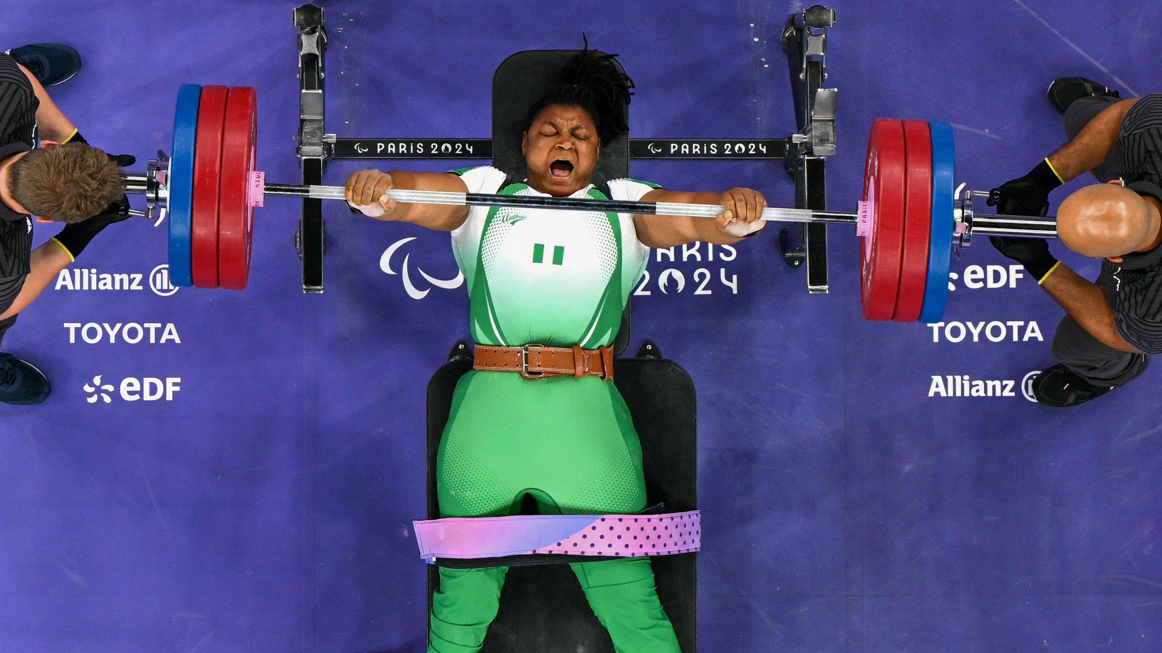 Folashade Oluwafemiayo competes in the over 86kg category at the Paris 2024 Paralympic Games