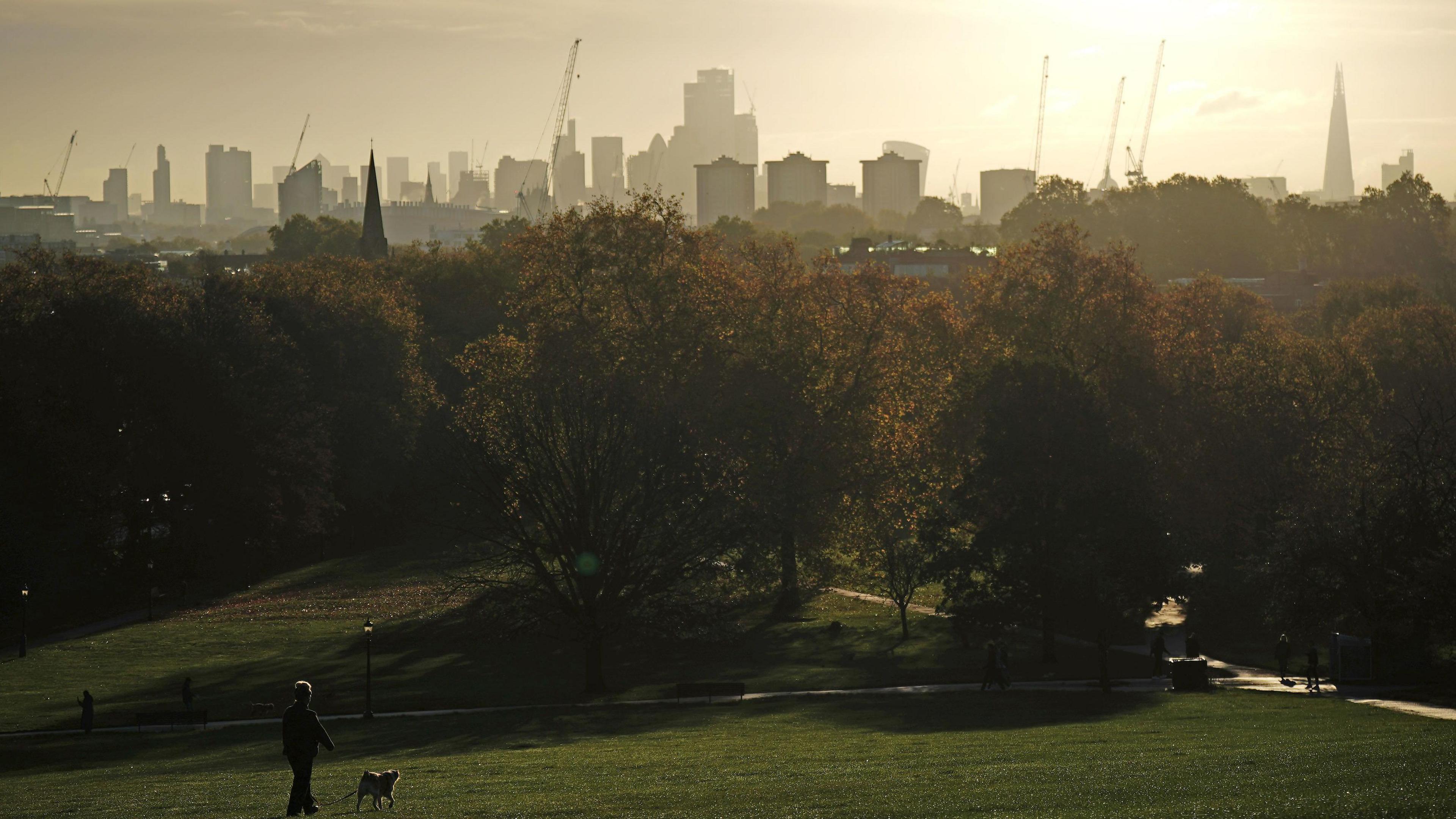 A woman walks a dog during sunrise on Primrose Hill. A silhoutte of the city is in the background amongst a cloudy yellow sly.