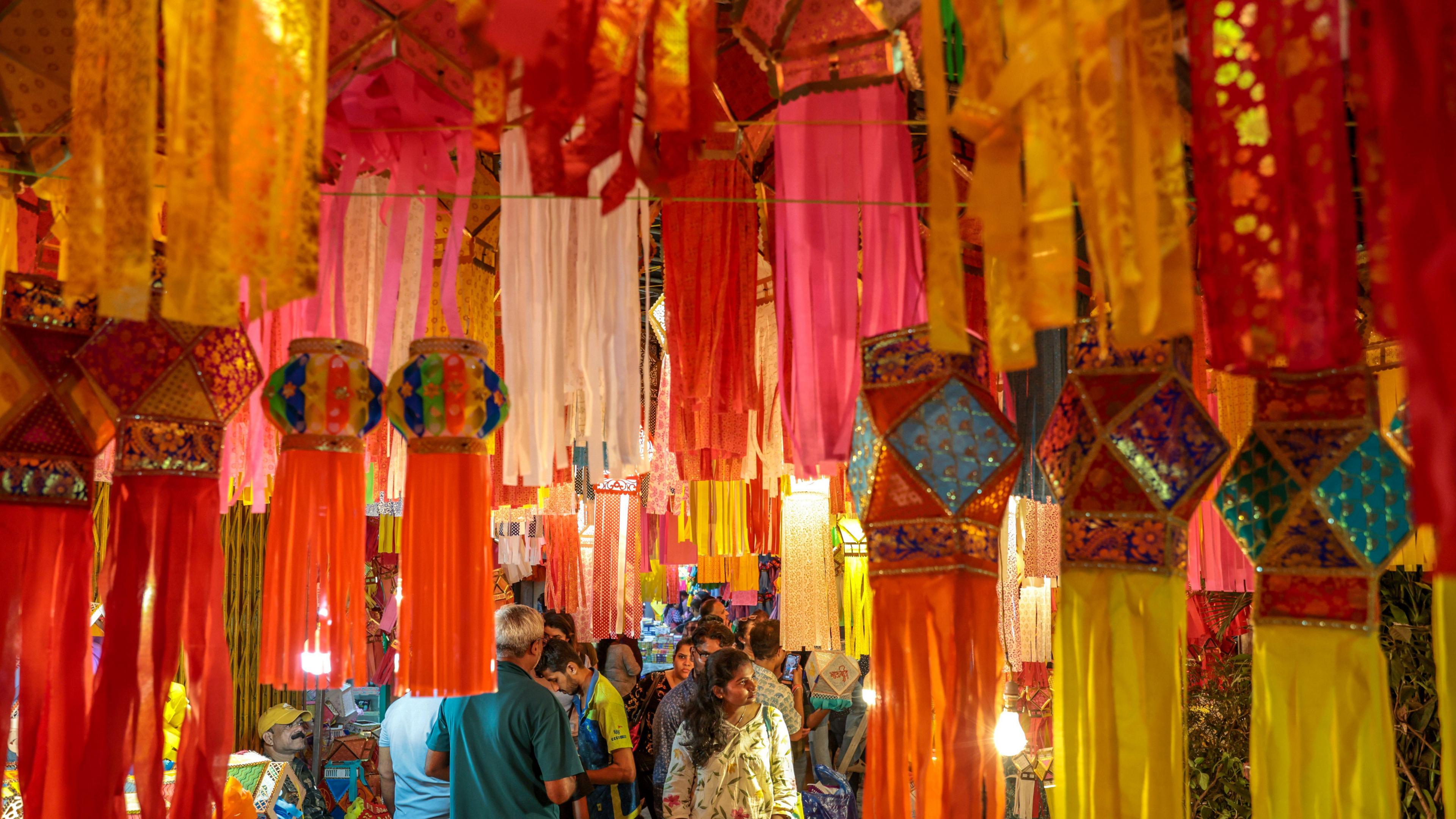Colourful lanterns at a market.