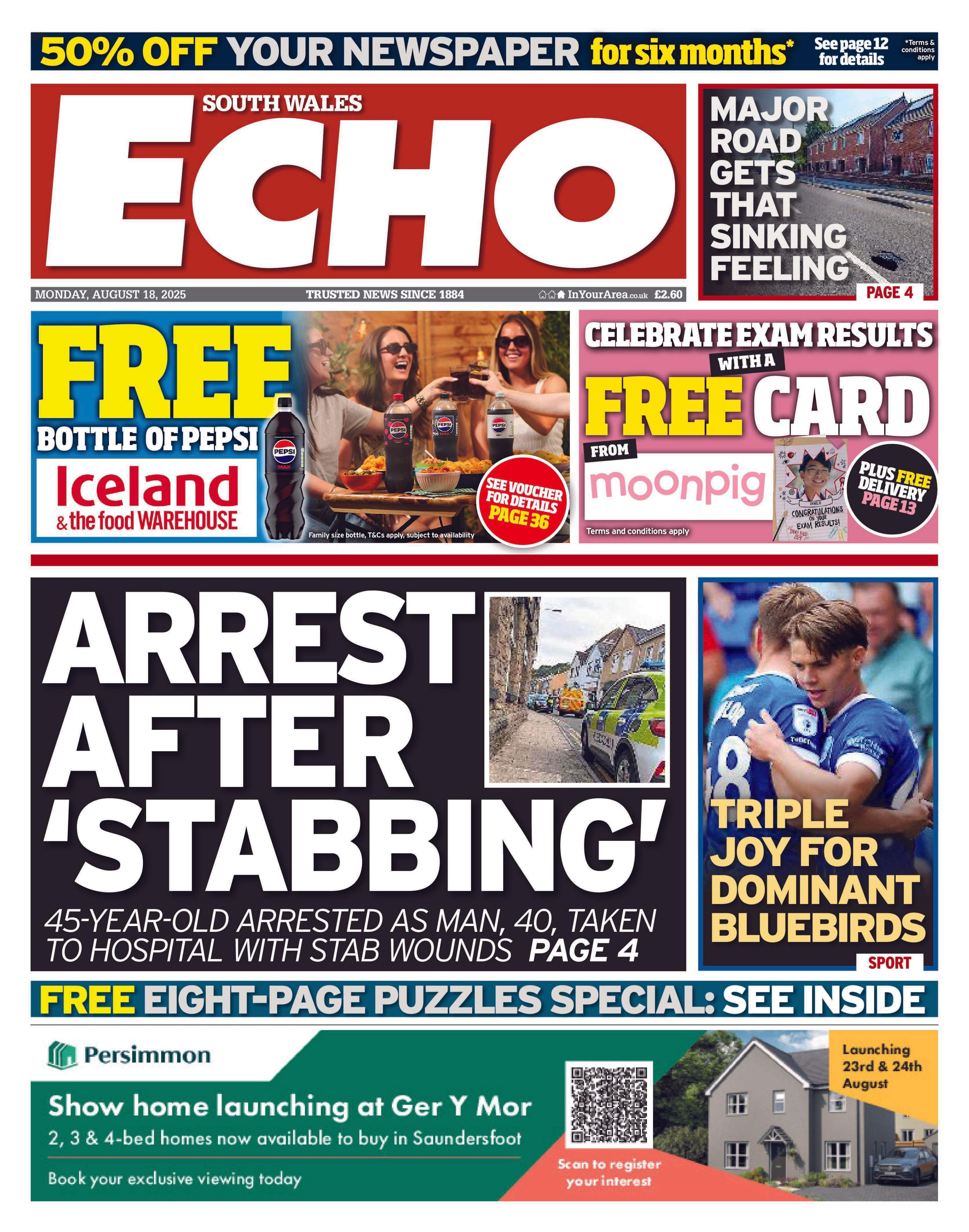 South Wales Echo front page with a main headline reading "Arrest after 'stabbing'
