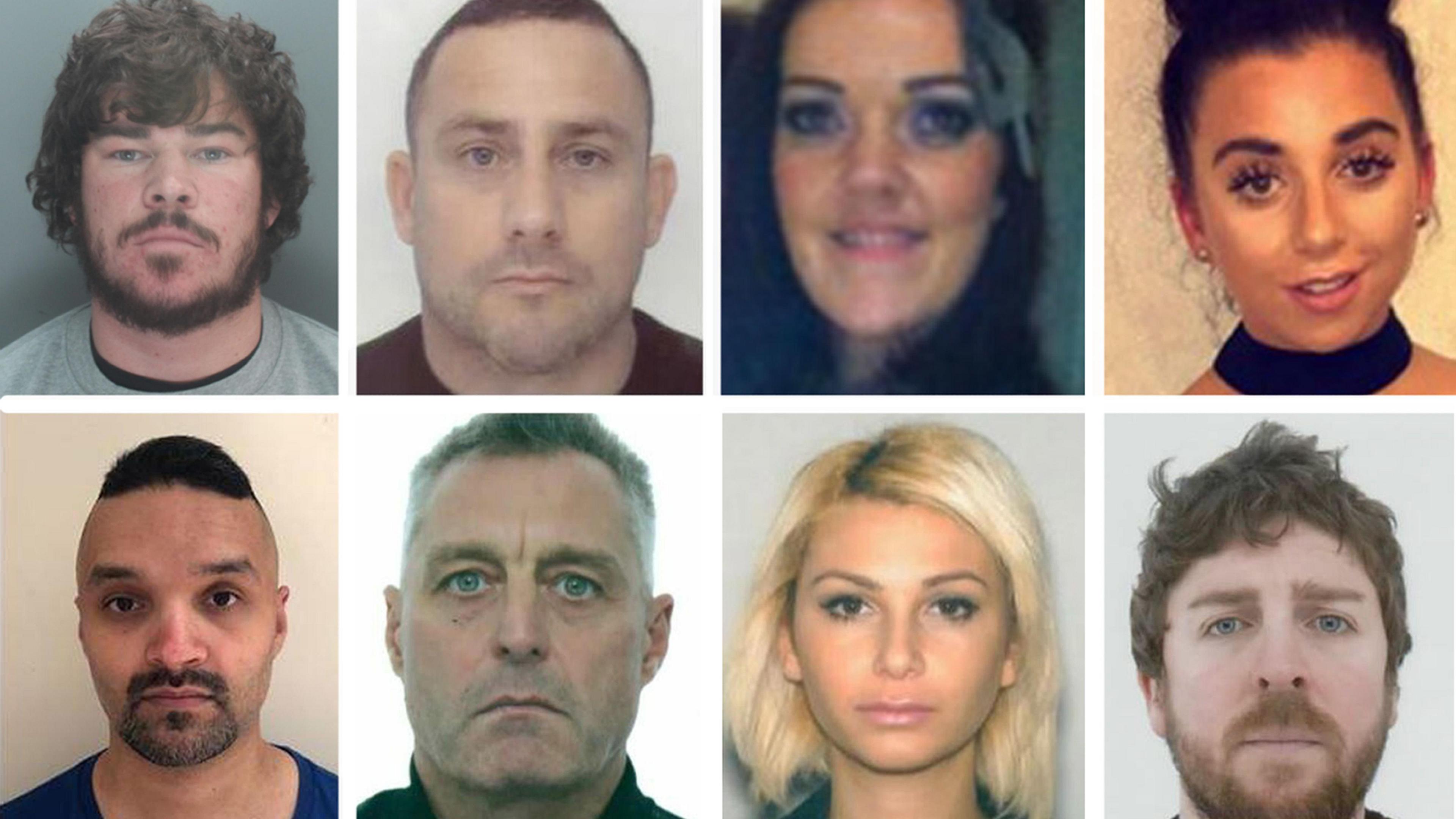 Police mugshots or selfies showing Michael Foster, Jamie Peters, Lisa Foster, Emily Newall, Atif Qadar, Paul Fleury, Aslihan Foster and Paul Evans. They are arranged in two rows of four, one on top of the other and showing the people left to right in the order as listed.