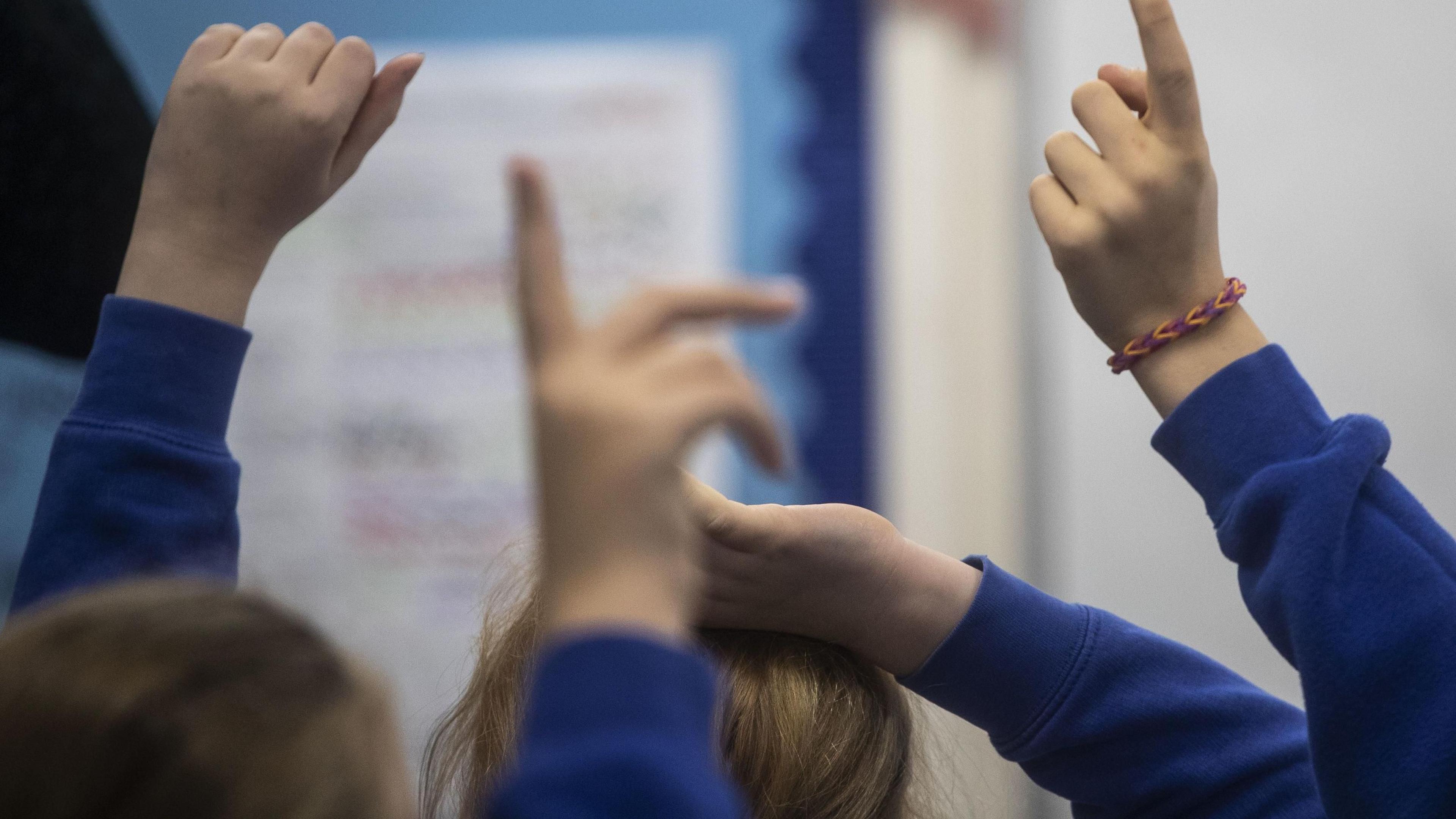 Students raising their hands in class.