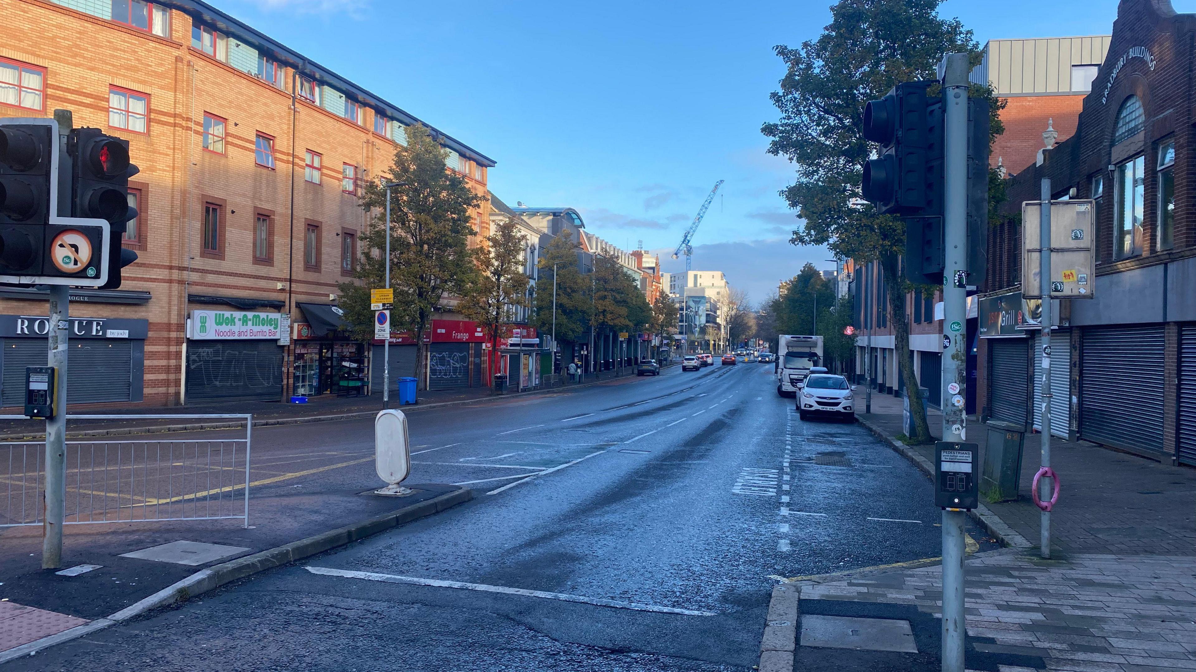 A Belfast street with shops and businesses on either side of a road and some cars parked on the road. A set of traffic lights in the foreground.