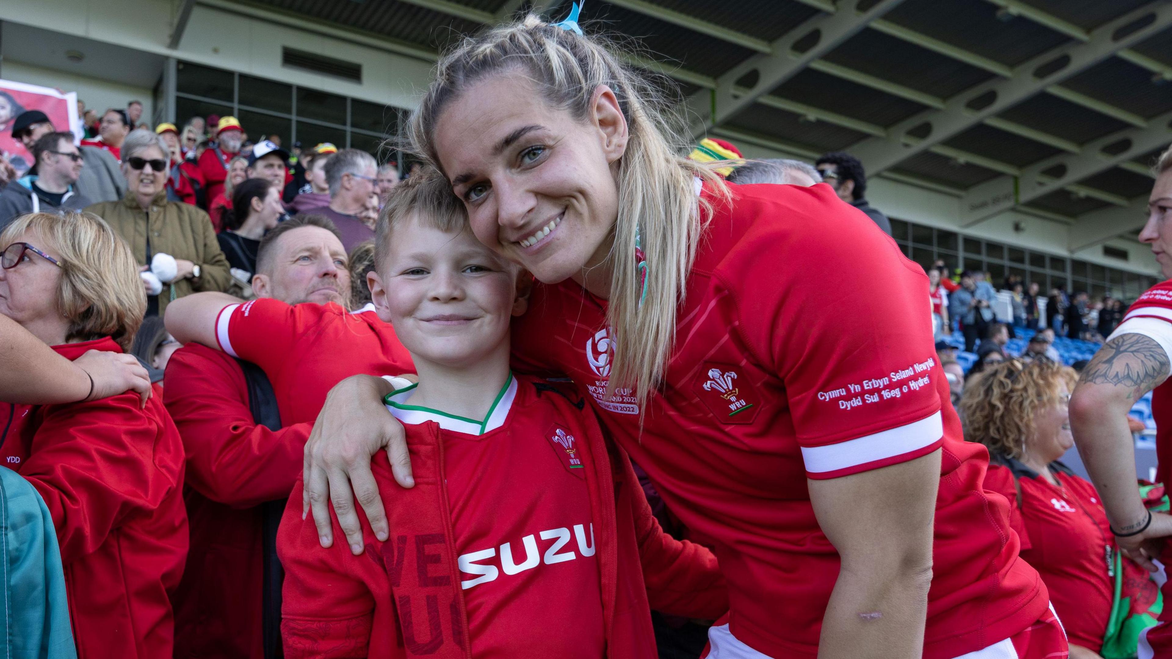 Kerin Lake and her son Jacob at the Rugby World Cup in New Zealand