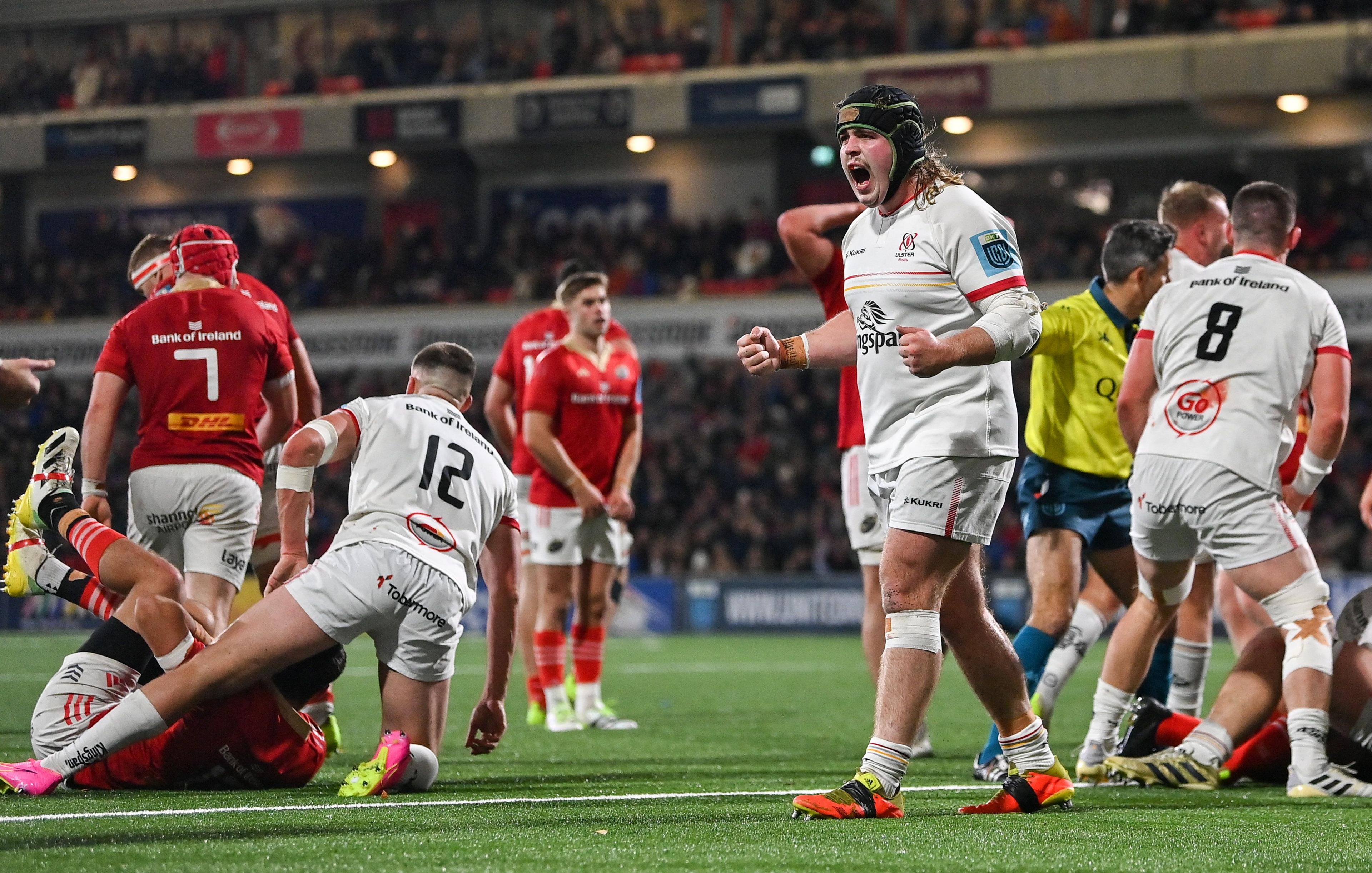 Scott Wilson celebrates a scrum success against Munster