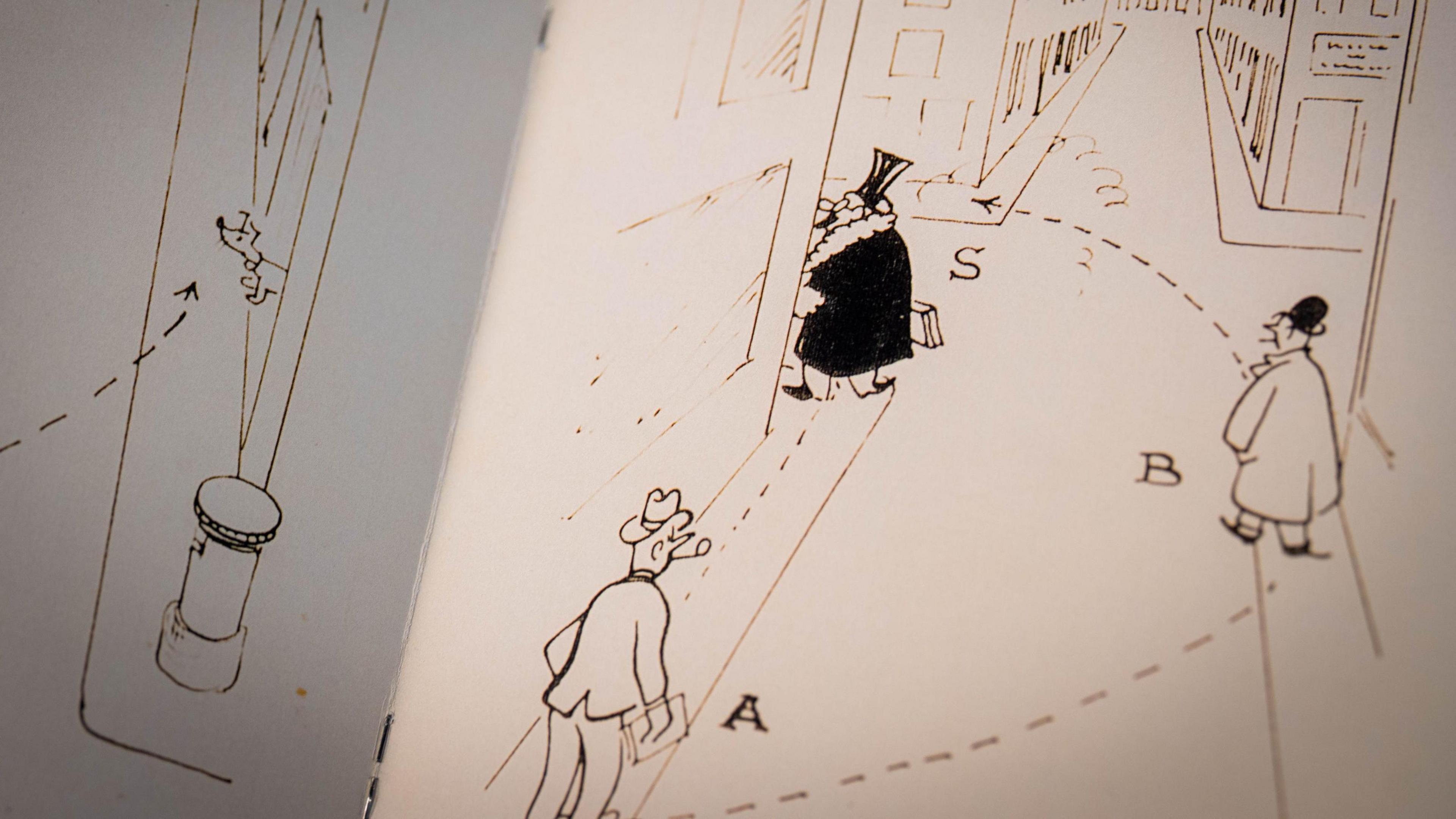 A cartoon image of two people following a suspect in a street. Arrows on the pavement indicate which direction they are following the person in. 