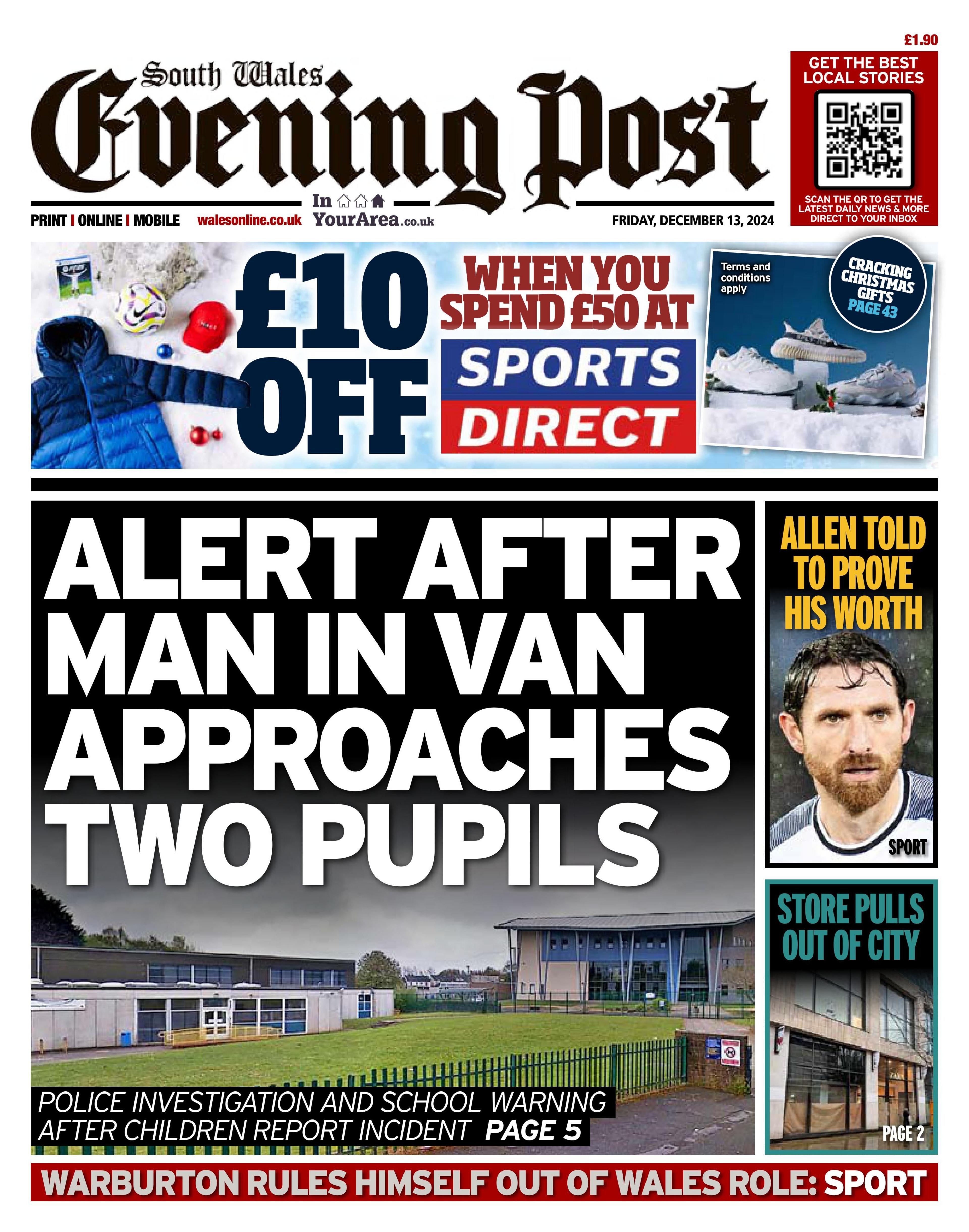 Front page of the South Wales Evening Post 