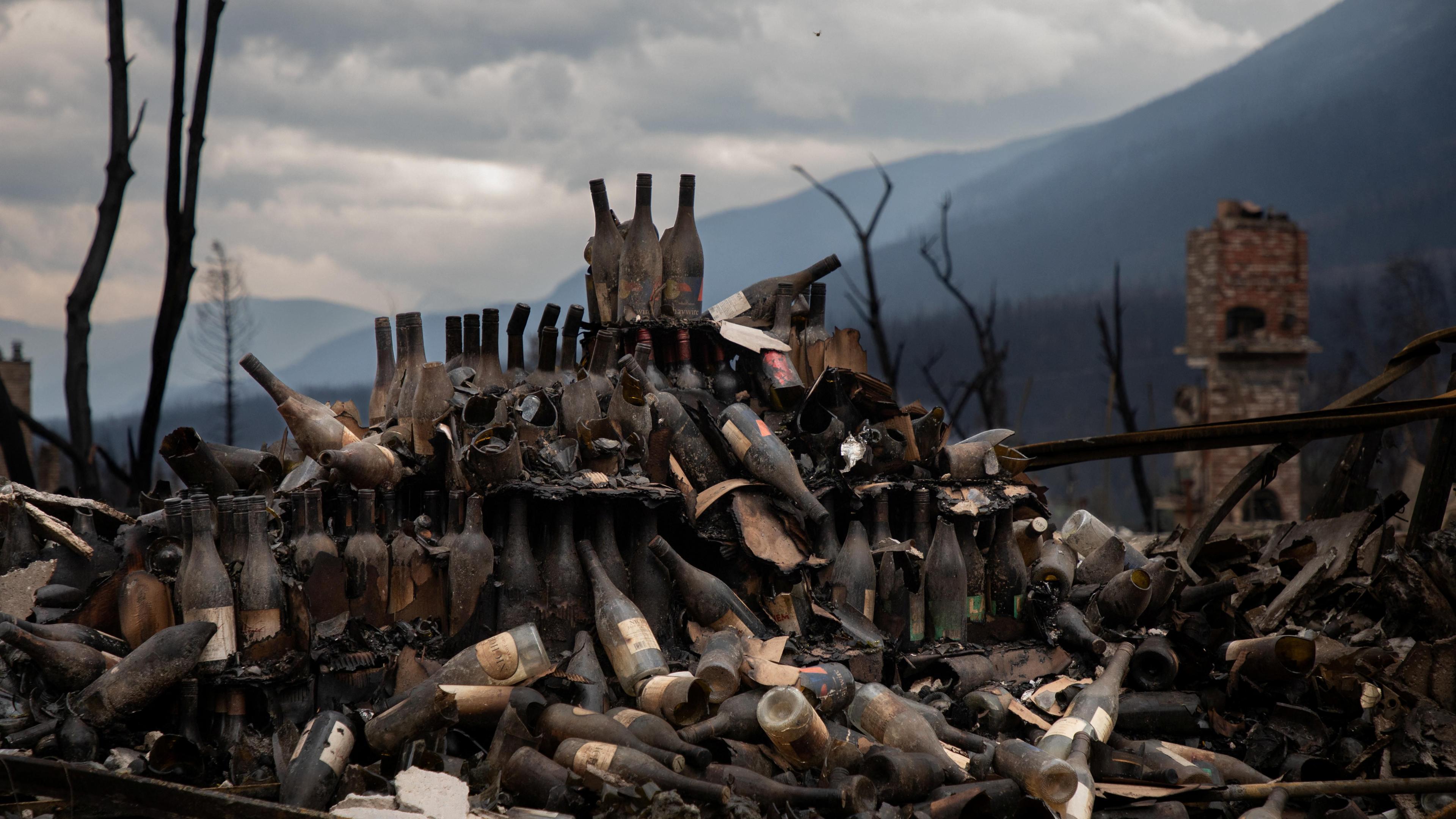 Burned wine bottles at a hotel destroyed by fire in Jasper