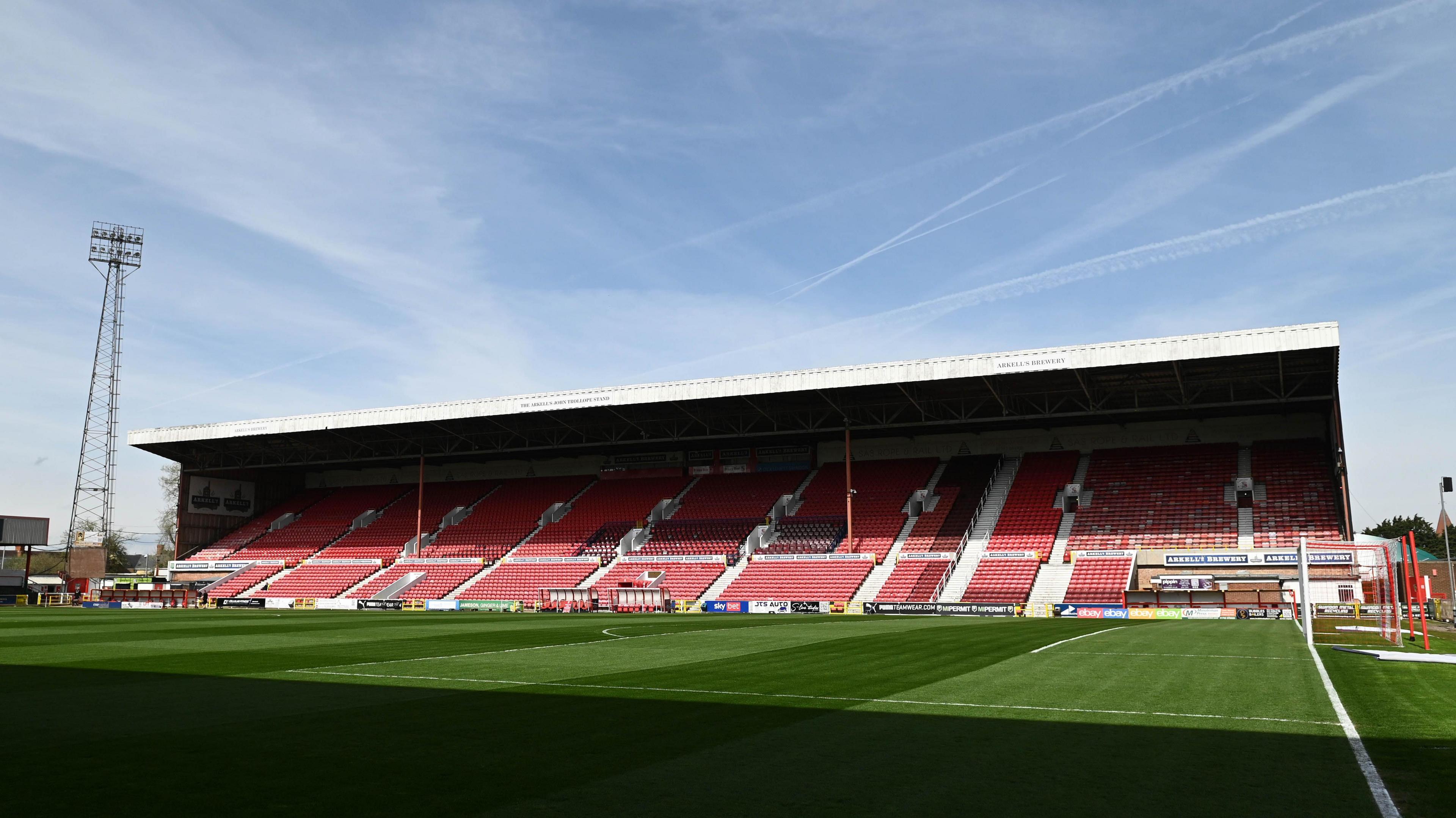 A wide shot of the Arkell's John Trollope Stand at Swindon Town's County Ground