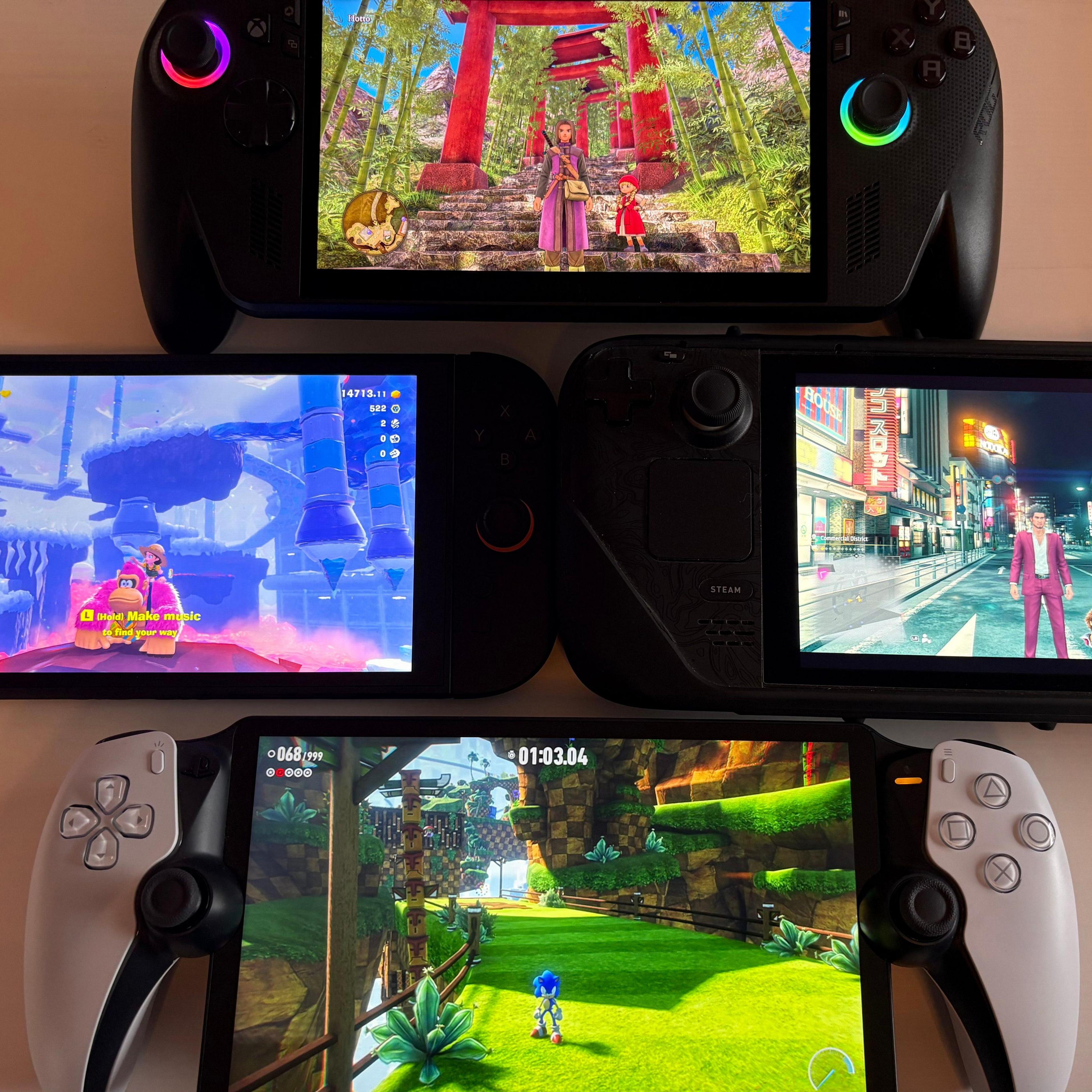 Four handheld consoles each playing different games. At the top, cartoony graphics show two characters standing amid bamboo and several Torii gates. On the right, more serious graphics show a character in a red suit standing on Tokyo streets, with buildings showing neon signs in Japanese text behind him. At the bottom, Sonic the Hedgehog, a blue anthropomorphic hedgehog, stands in a verdant green setting, with brown blocks behind him to make a path. Finally, on the left, the cartoon gorilla Donkey Kong stands with several platforms made of ice behind him.