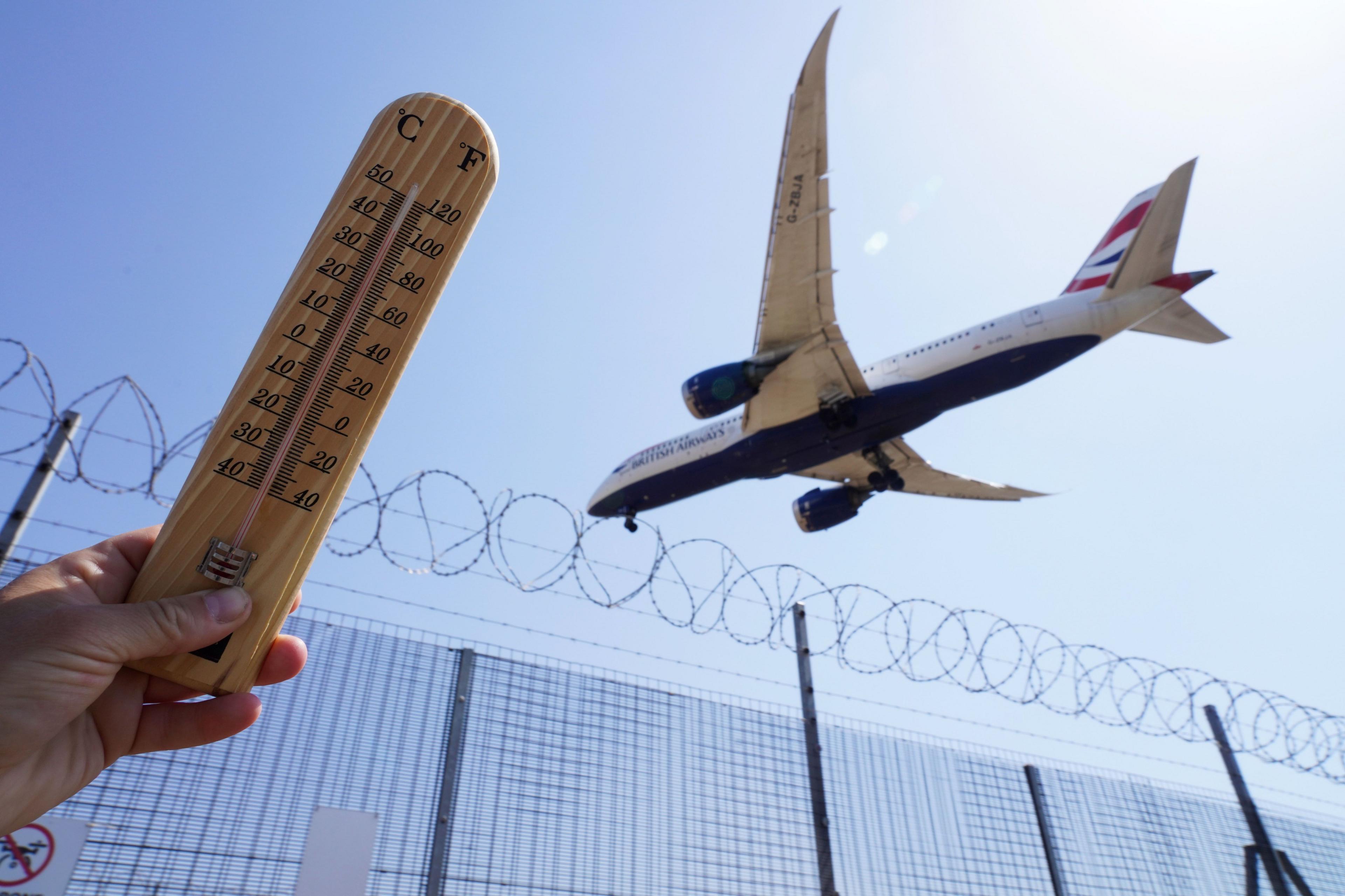 A photo of a plane and a thermometer