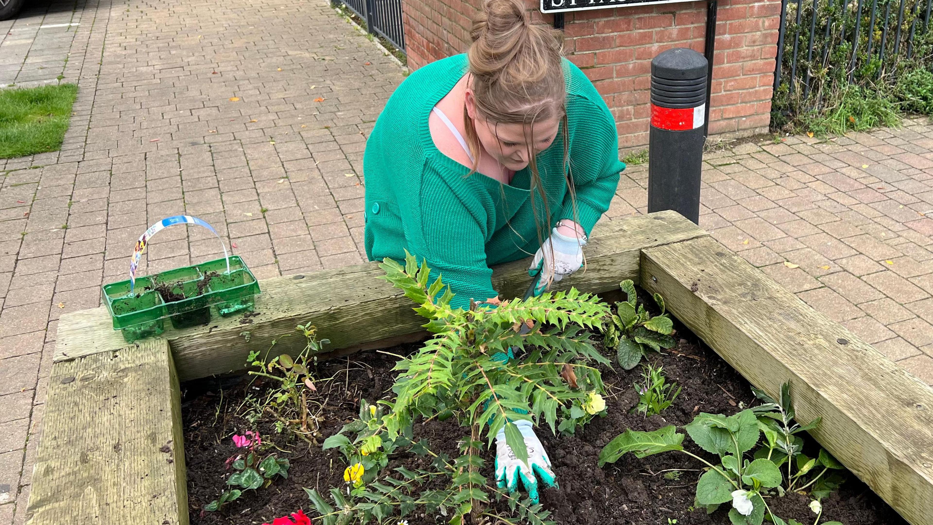 A woman digging through soil in a wooden planter with her hands