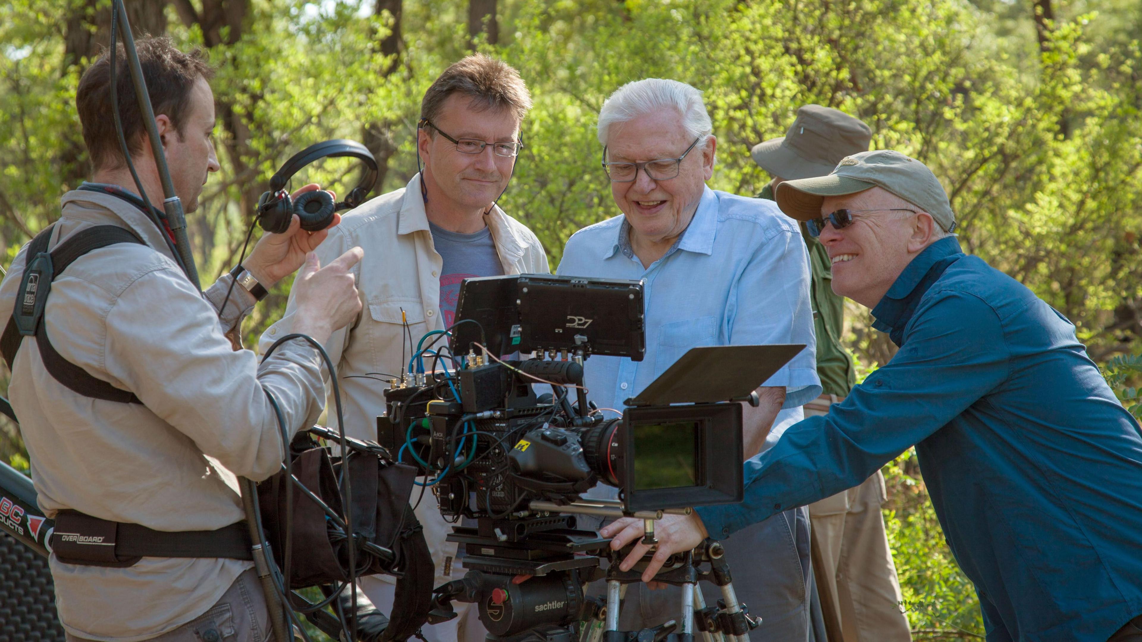 Sir David Attenborough and others looking at a film camera in a green woodland with the sun shining