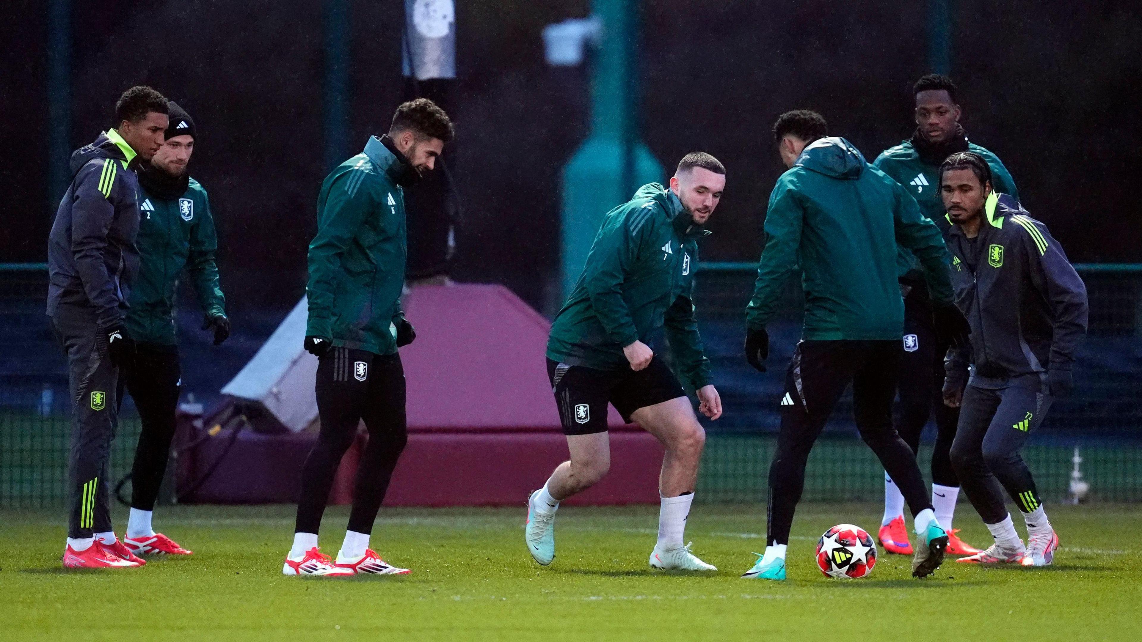 Aston Villa's John McGinn (centre) and team-mates during a training session at the Bodymoor Heath Training Ground, Tamworth.