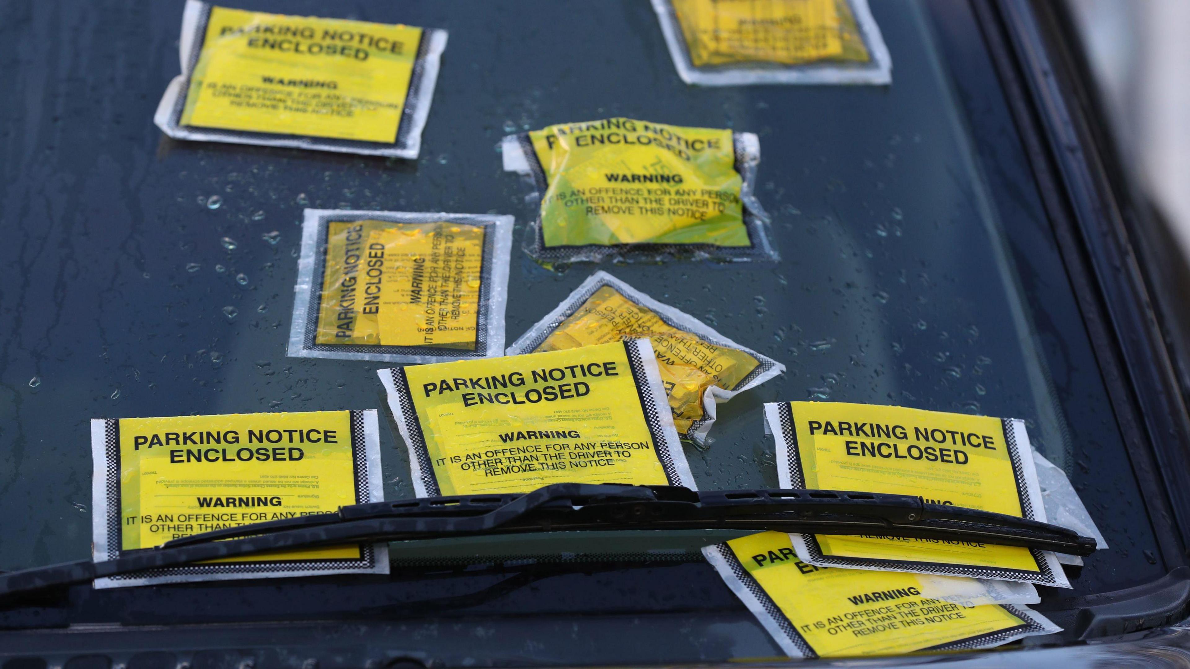 A car windscreen that is covered in yellow parking fines.