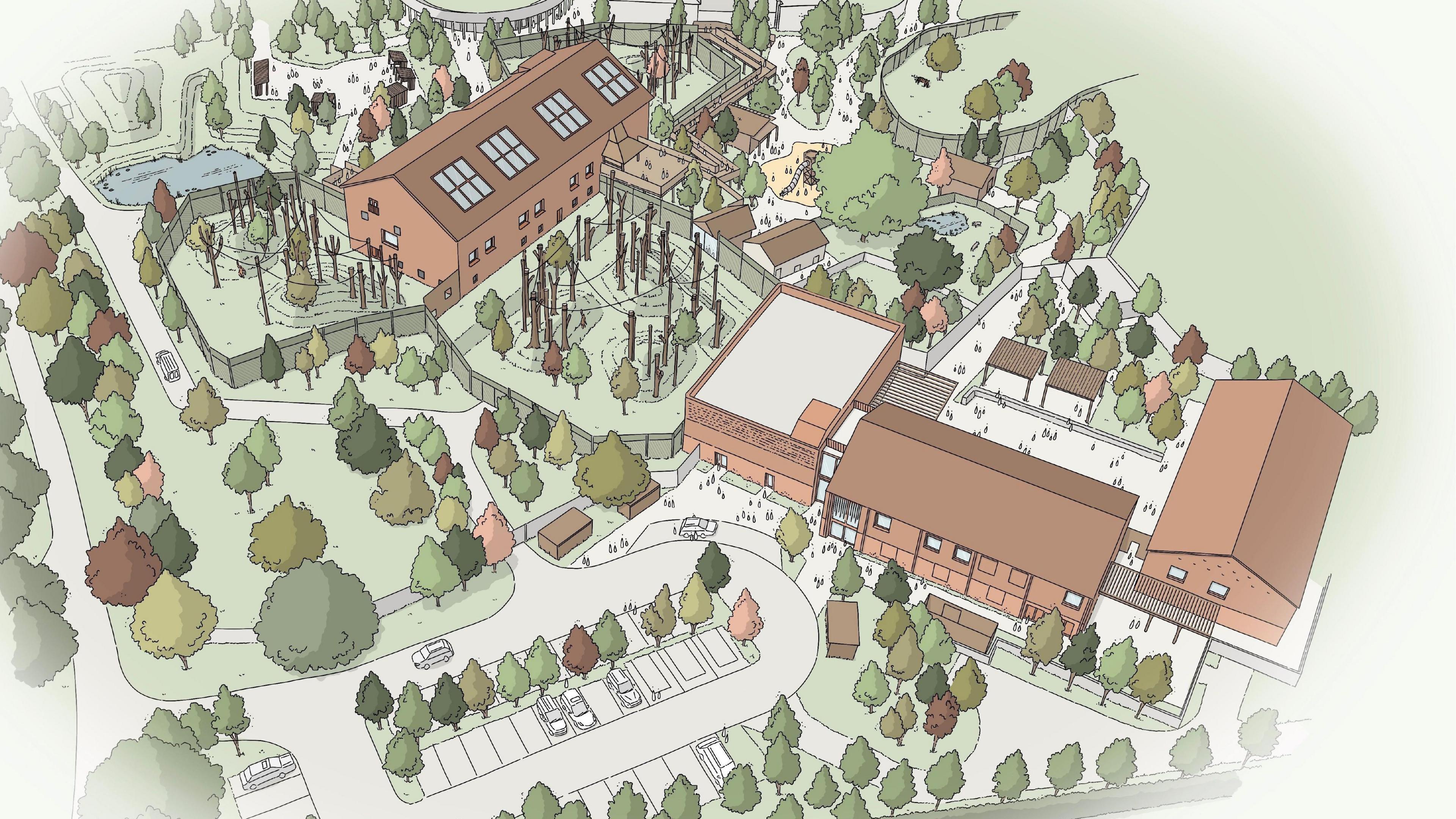An artist impression of the new centre which comprises of four main brick buildings and grass land around. There are enclosures too for animals.