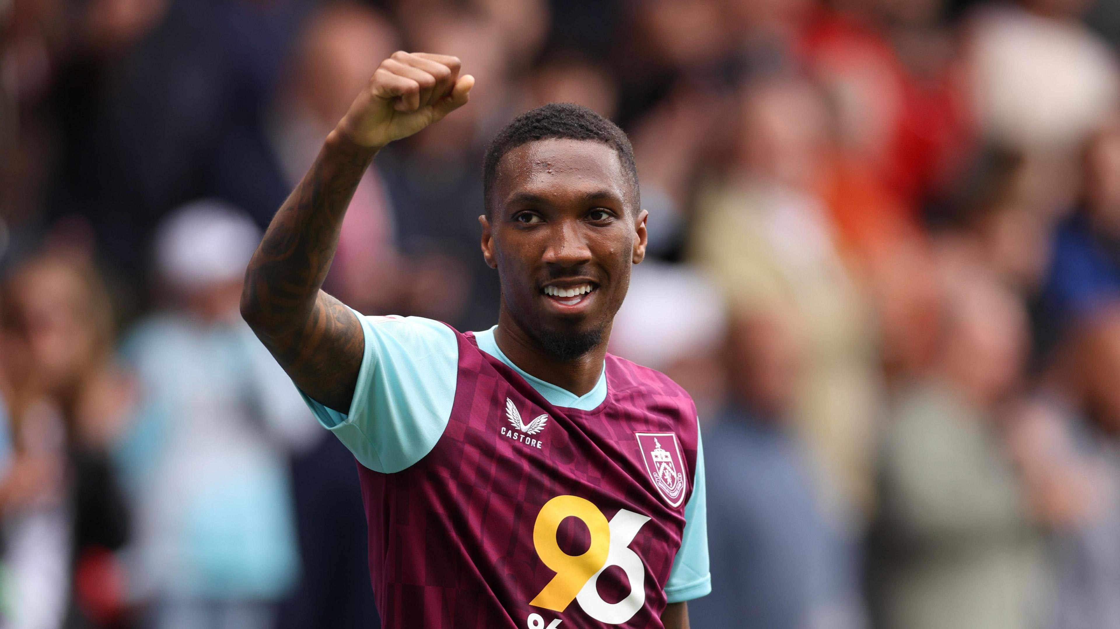 Burnley's Jaidon Anthony raises his fist in celebration