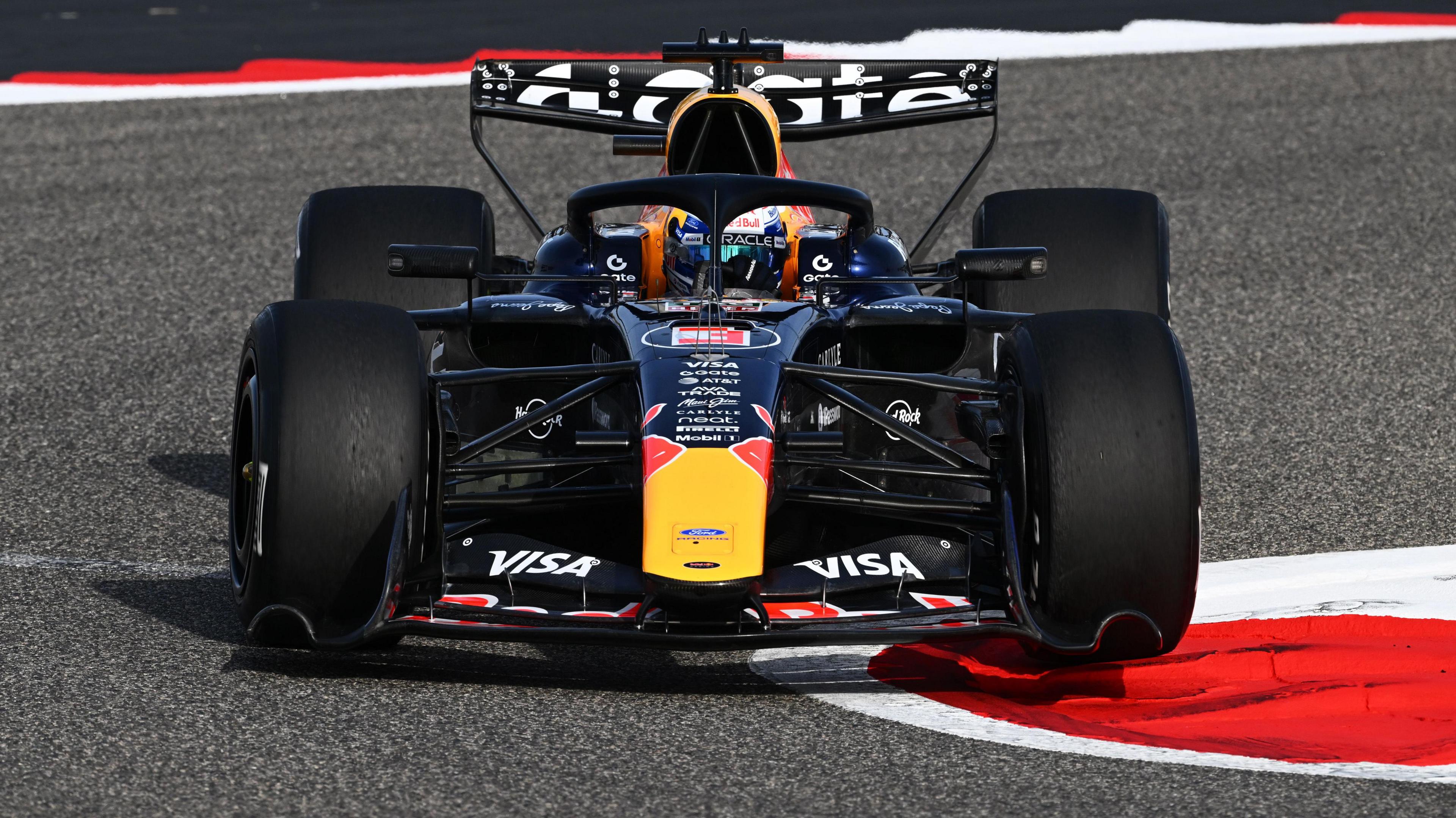 Max Verstappen steers his Red Bull around a corner during pre-season testing in Bahrain