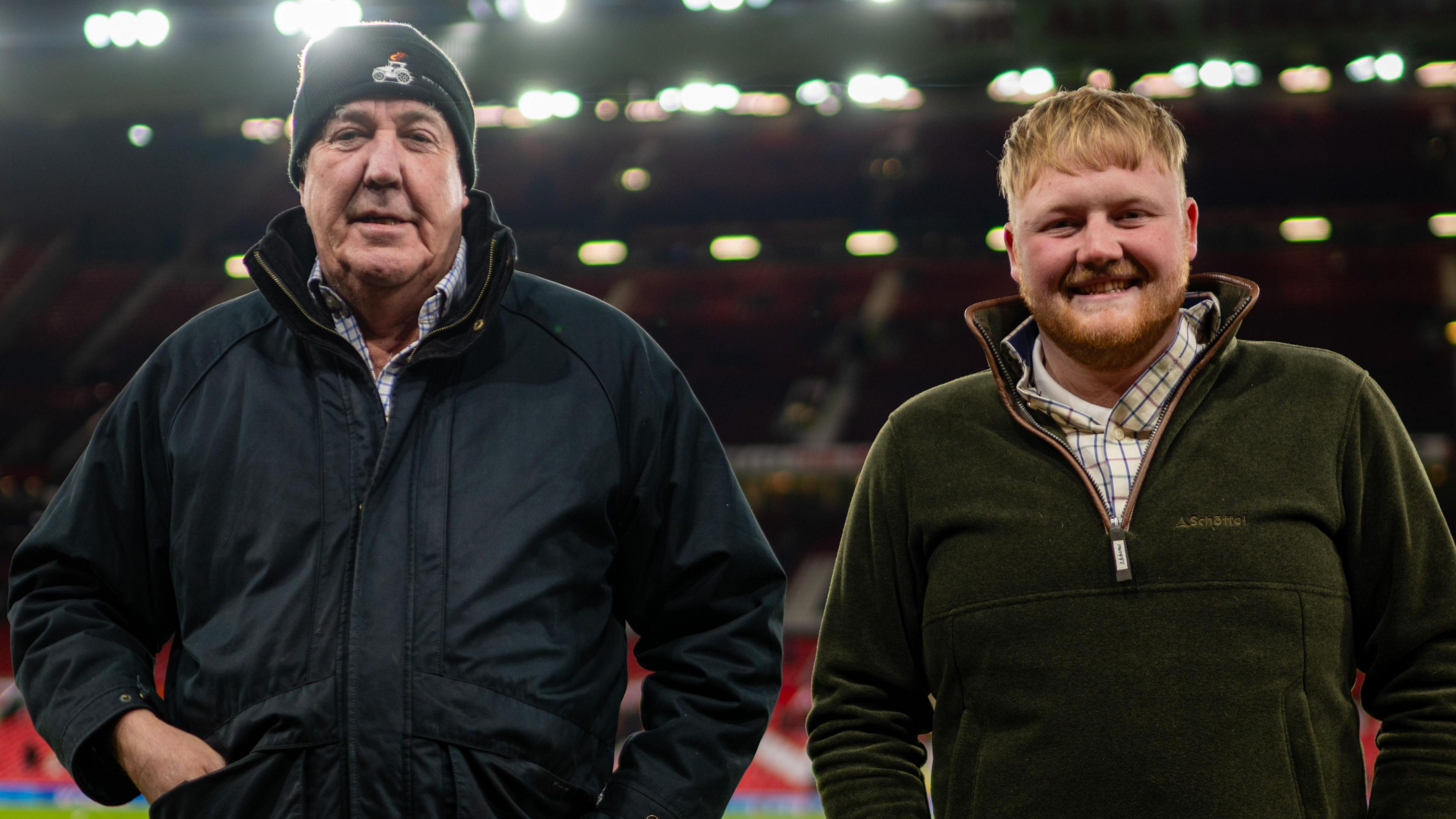 Kaleb Cooper poses with Jeremy Clarkson prior to the Premier League match between Manchester United and Chelsea FC at Old Trafford on December 6, 2023 in Manchester, United Kingdom. 
