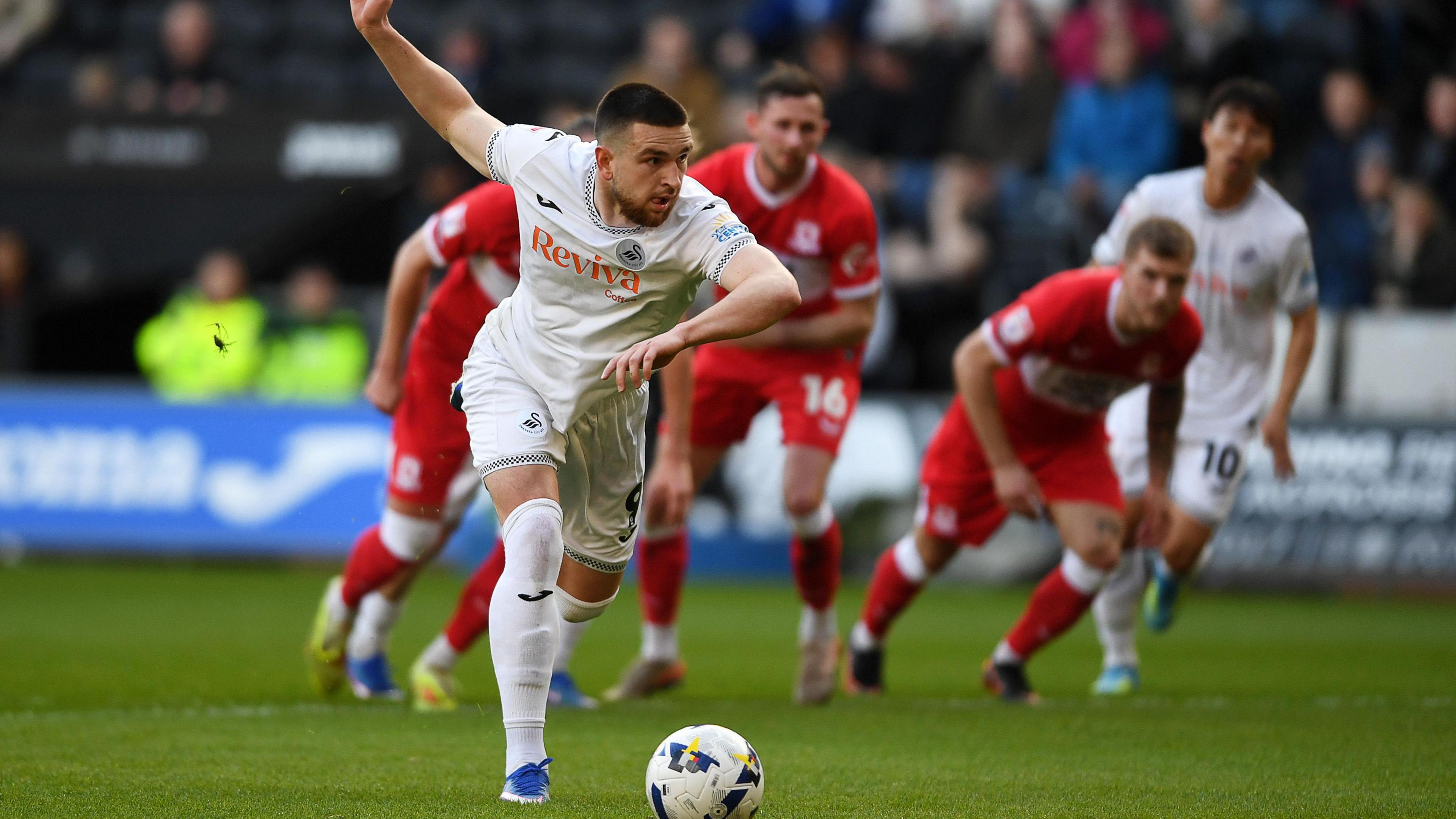 Zan Vipotnik takes his first penalty for Swansea against Middlesbrough