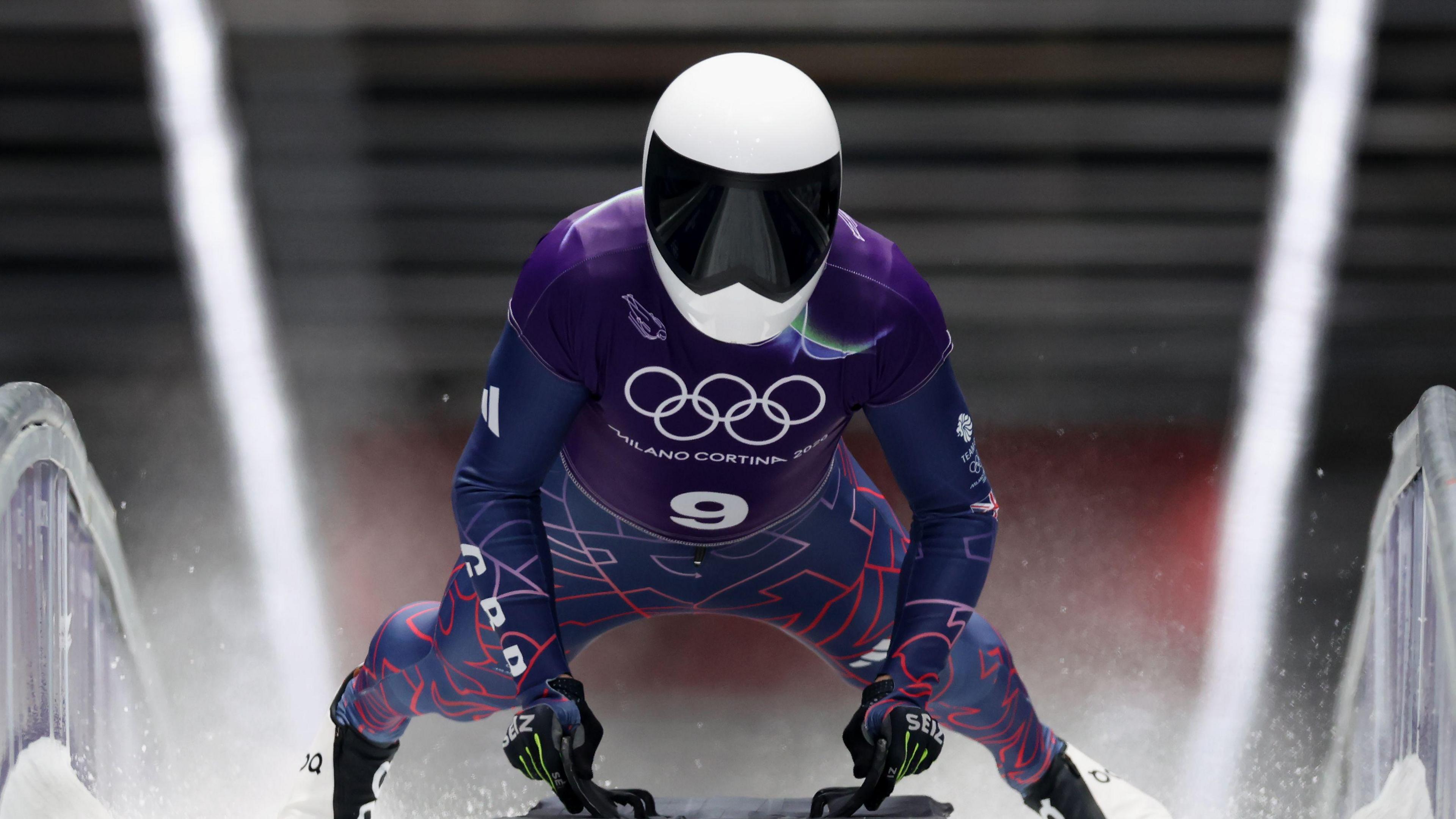 Matt Weston during first heat of Winter Olympics skeleton event at Cortina Sliding Centre