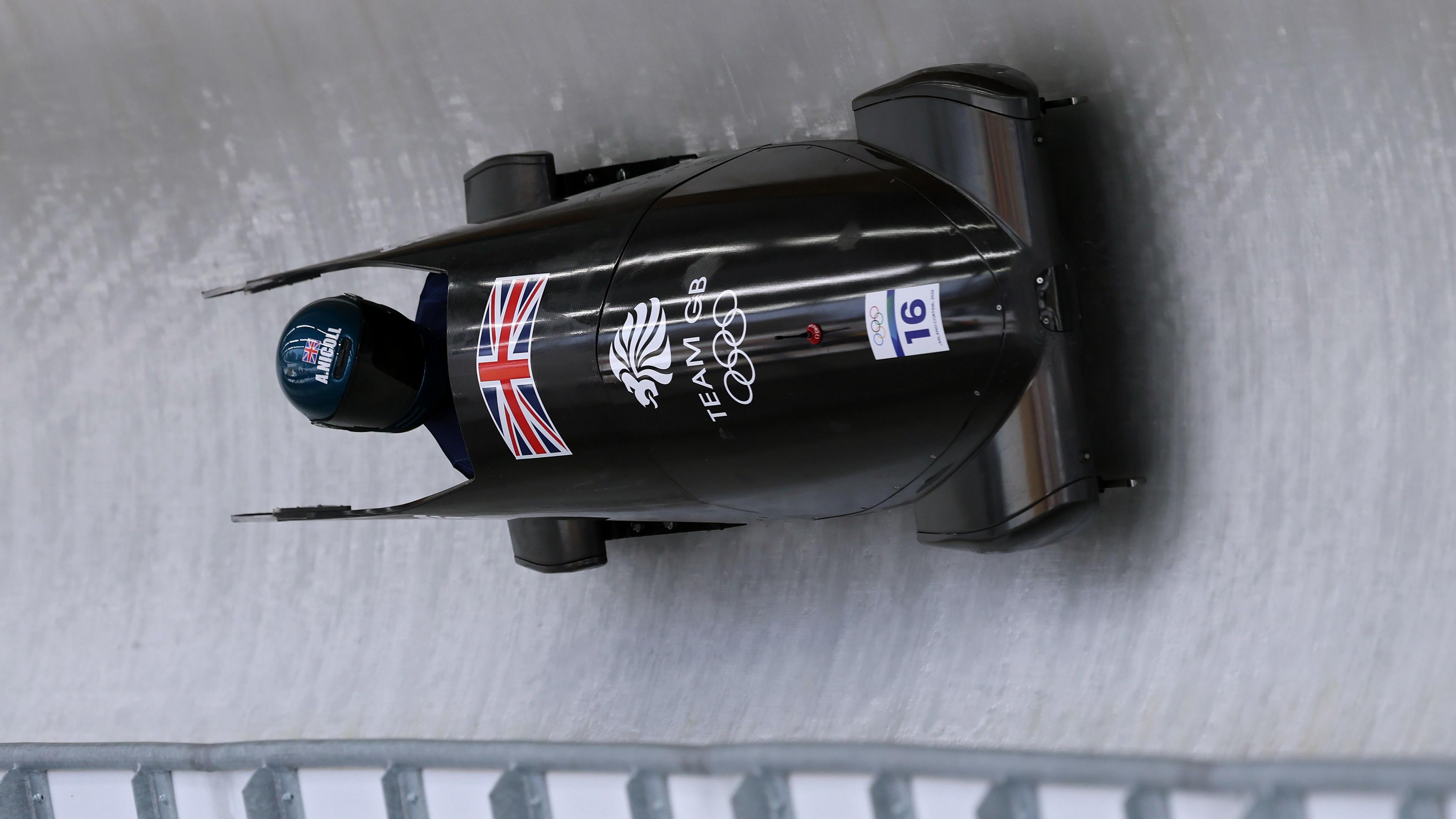 Team GB's Adele Nicoll competes in monobob heat one at Cortina Sliding Centre at 2026 Olympics