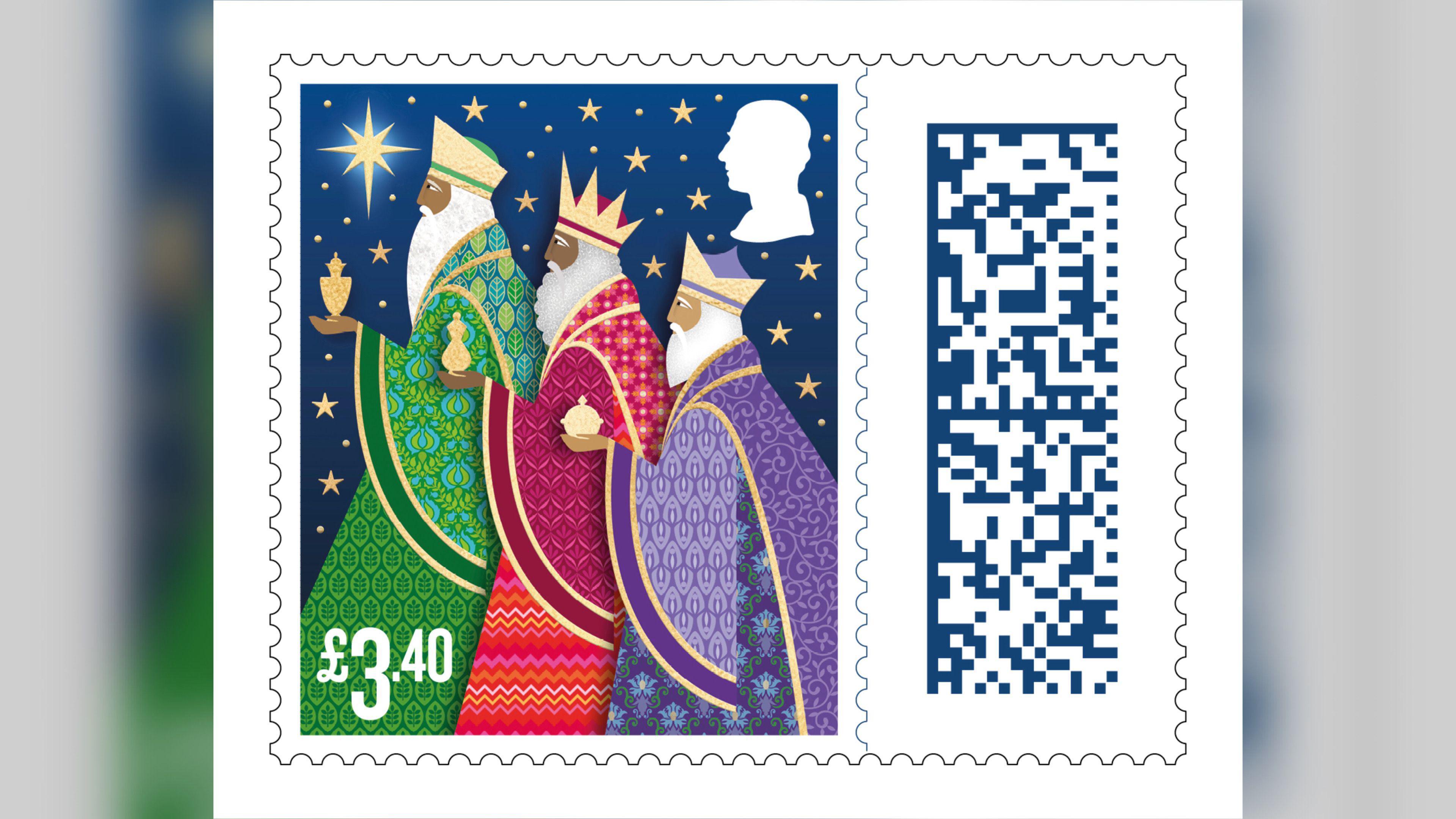 A stamp featuring an illustration of the three wise men from the nativity. One is dressed in green, one in red and one in purple.  They are carrying gifts. Behind them is a blue sky and gold stars. One star is shining brightly.