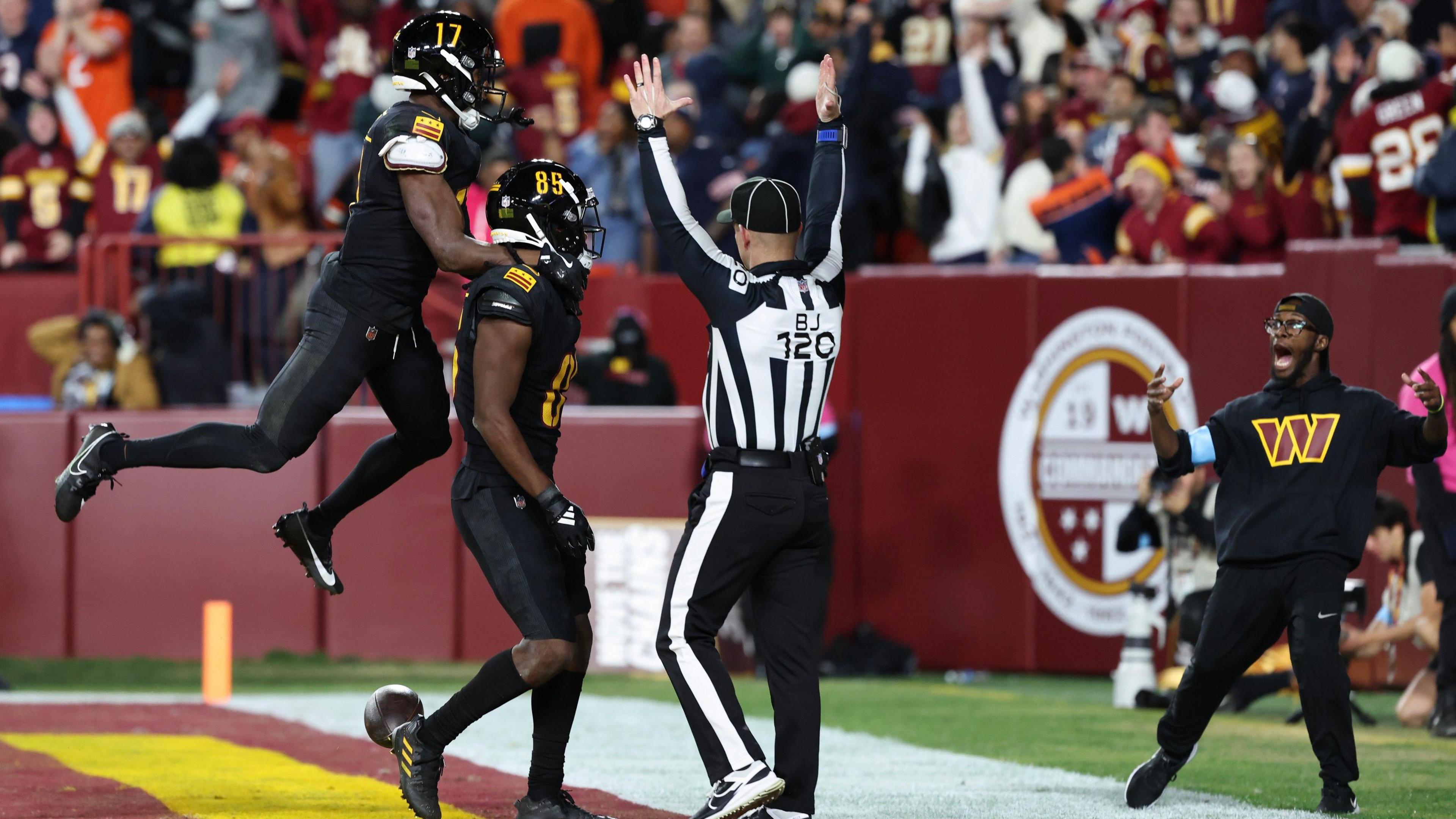 Noah Brown celebrates his dramatic late touchdown for the Washington Commanders