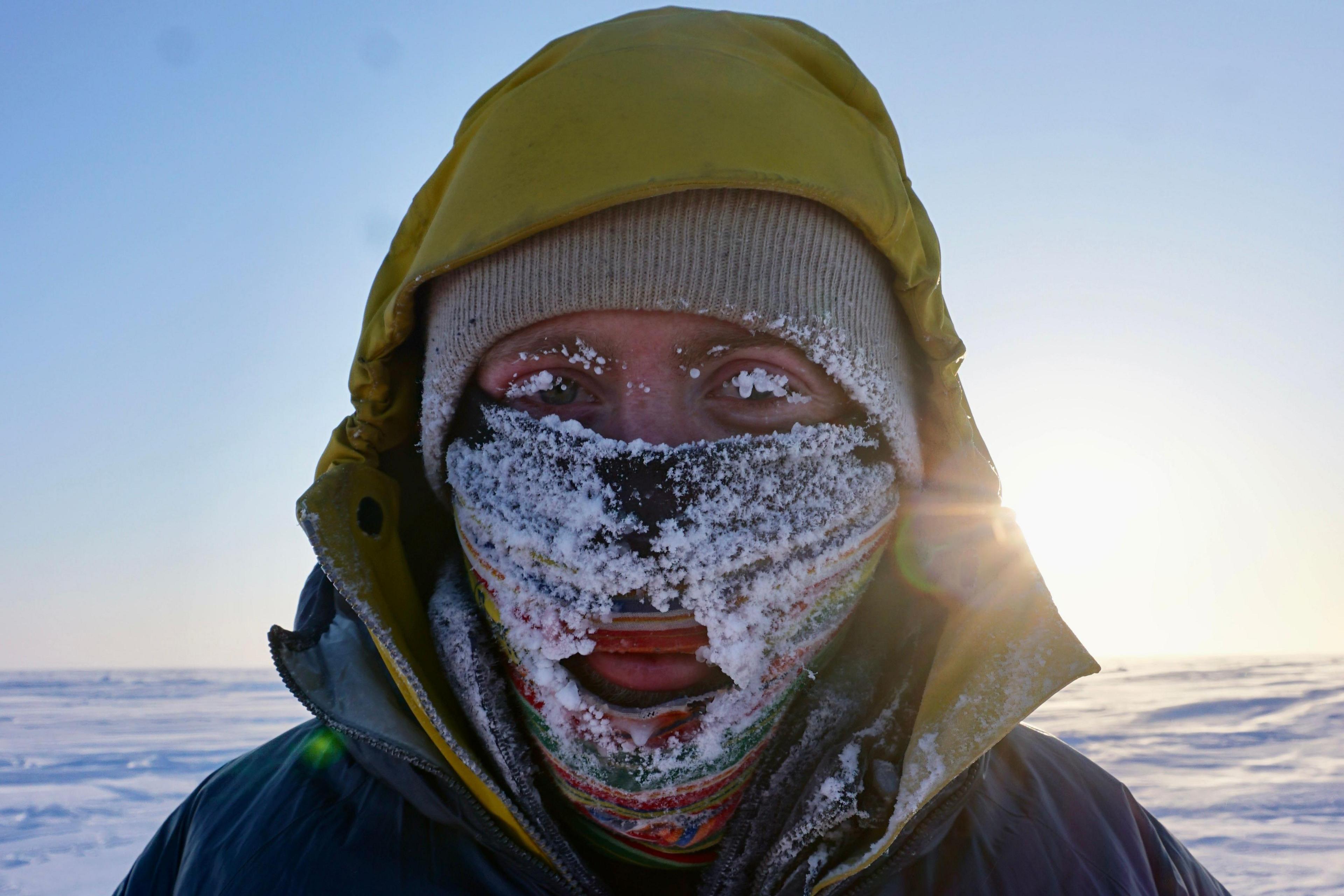 Frederick Fennessy is unidentifiable as he is wrapped in layers and his face is covered in a snood that itself is caked in ice.