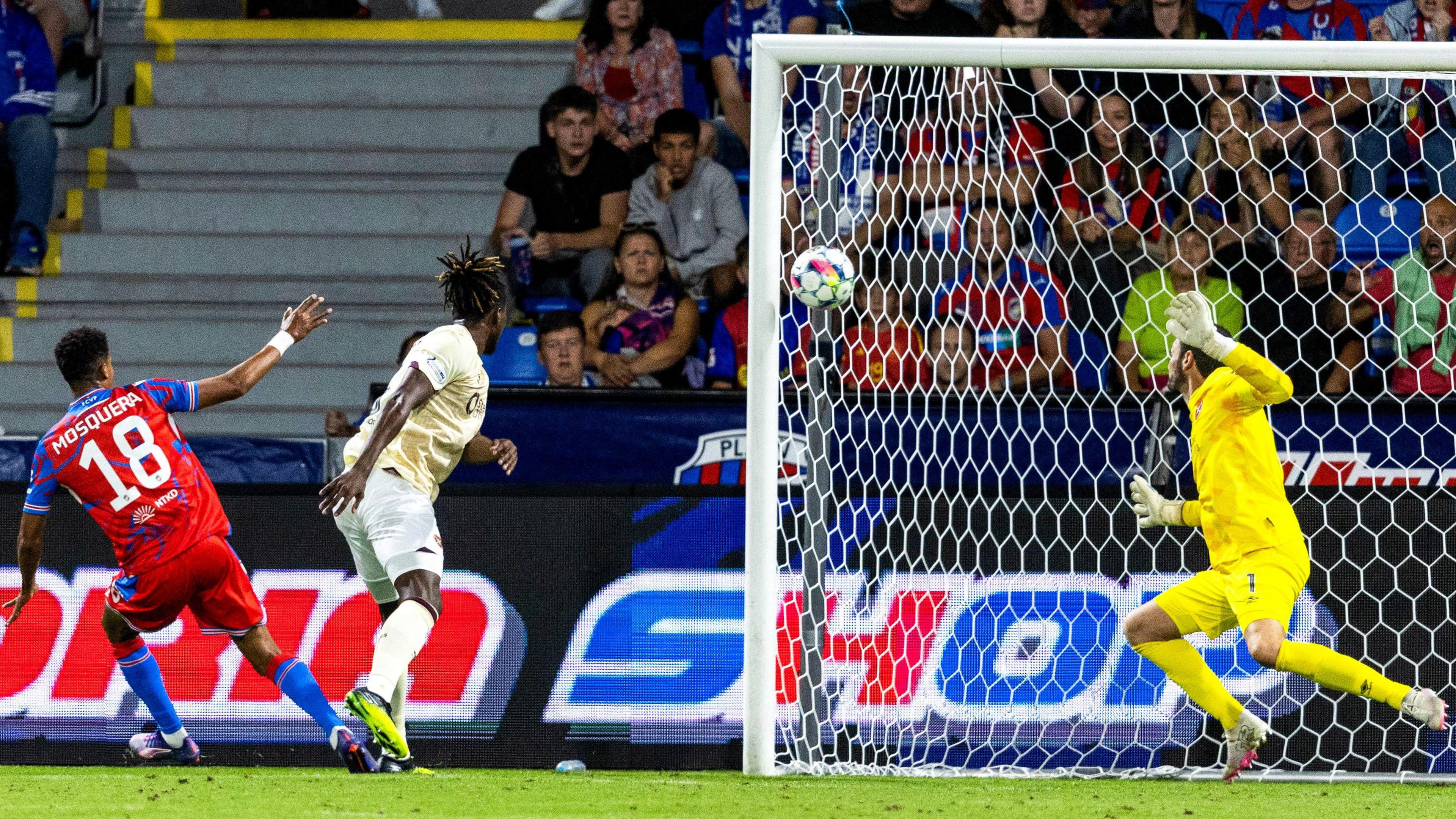 A Daniel Oyegoke own goal makes it 1-0 Viktoria Plzen during a UEFA Europa League play-off match between FC Viktoria Plzen and Heart of Midlothian at the Doosan Arena