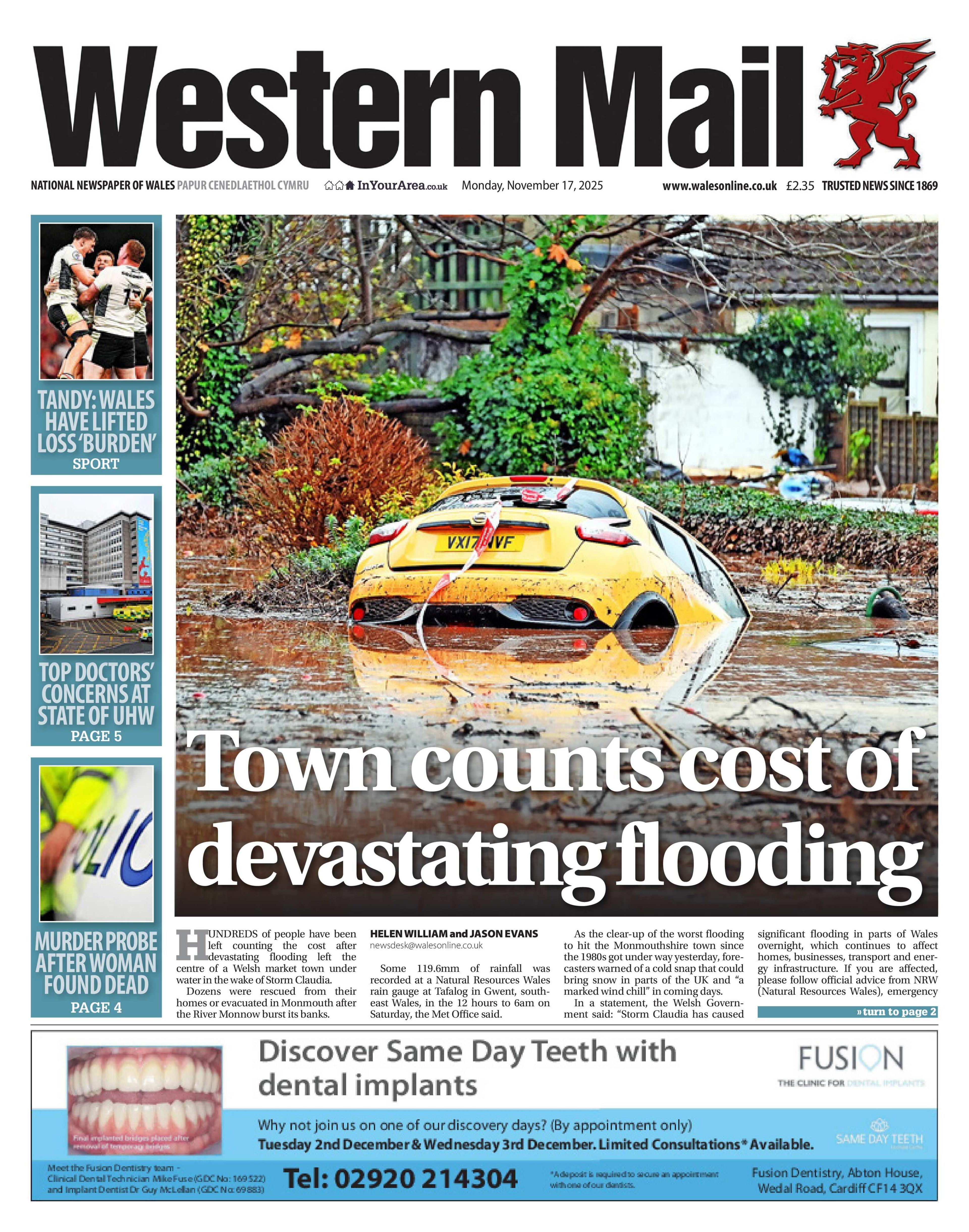 Western Mail front page. The headline reads: "Town counts cost of devastating flooding'