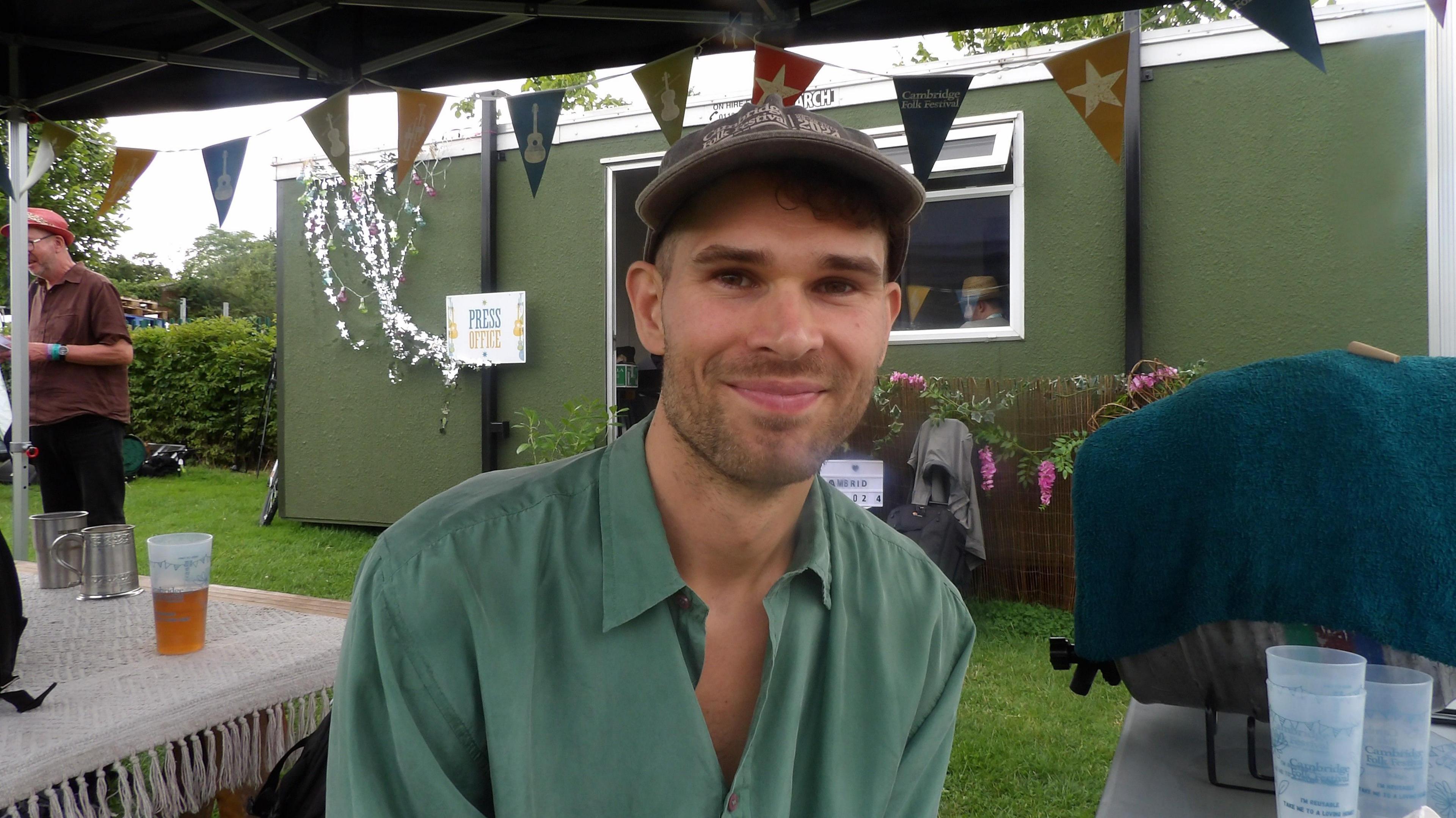 Ernest Aines backstage at the Cambridge Folk Festival