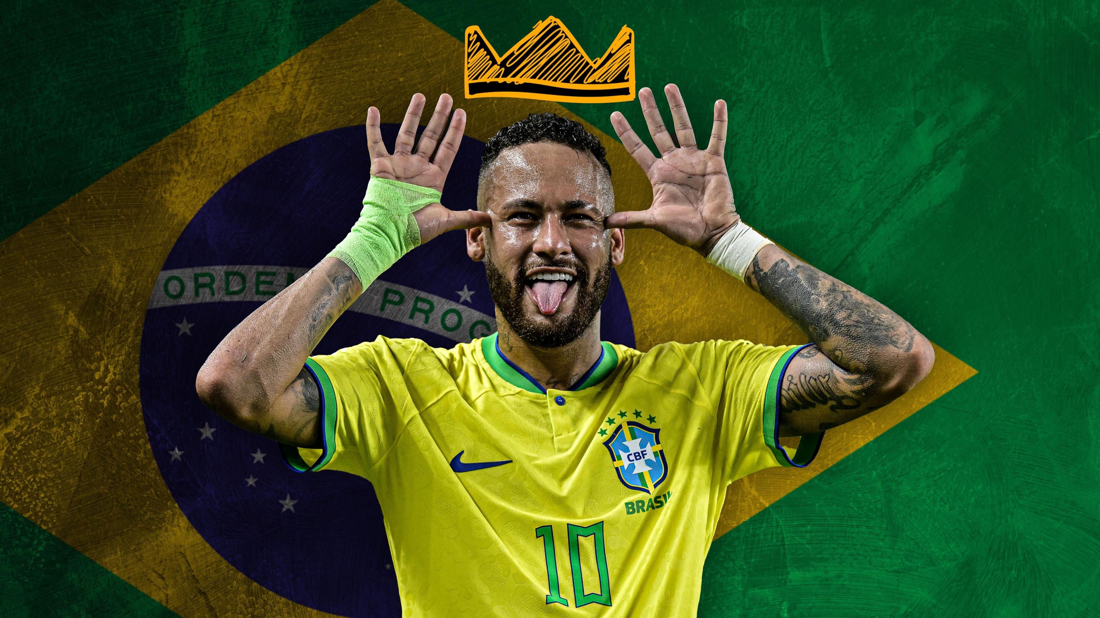 A graphic of Neymar with a hand-drawn crown above his head. Neymar is in front of a Brazil flag.