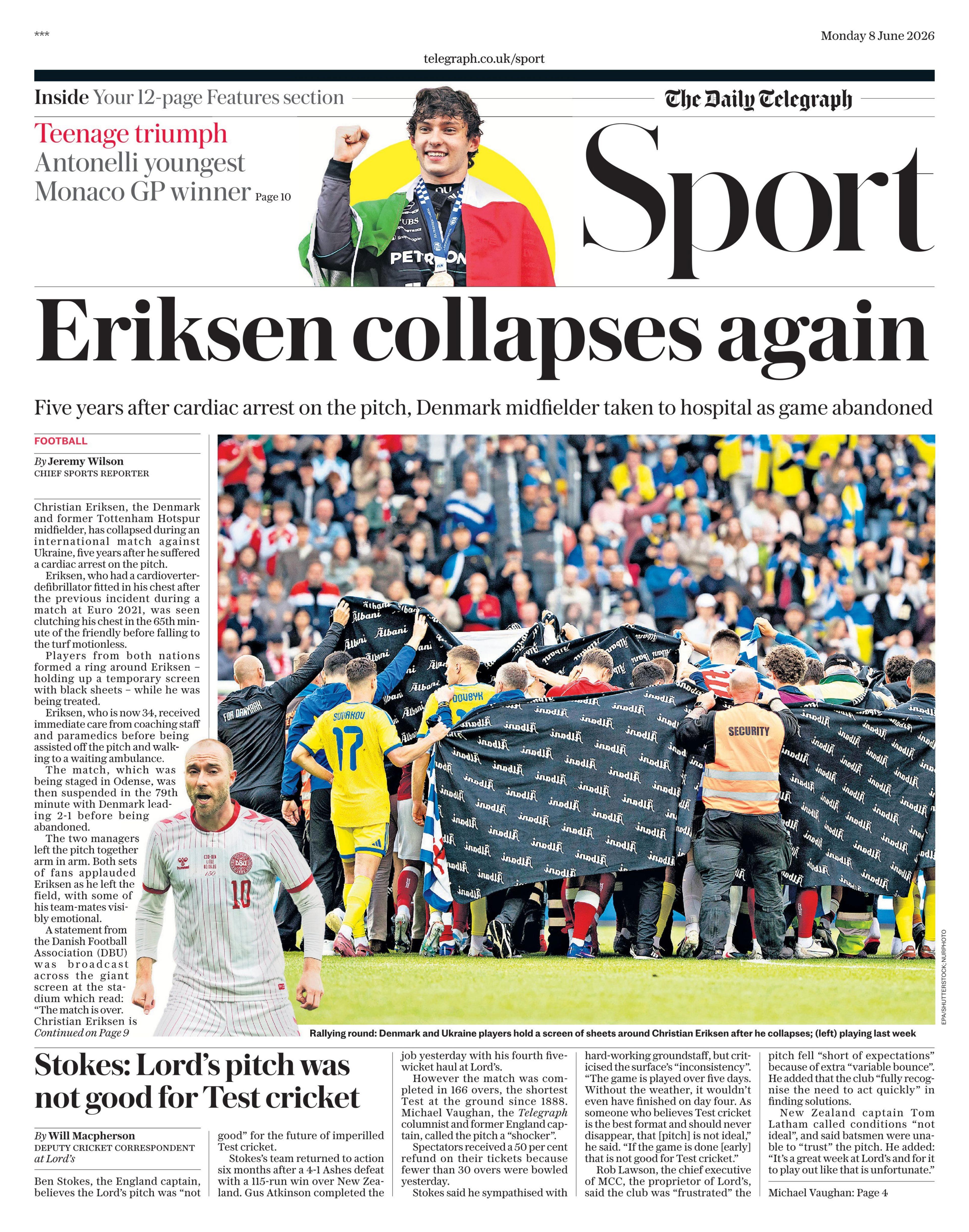 Lead sport page in the Daily Telegraph on 8 June 2026
