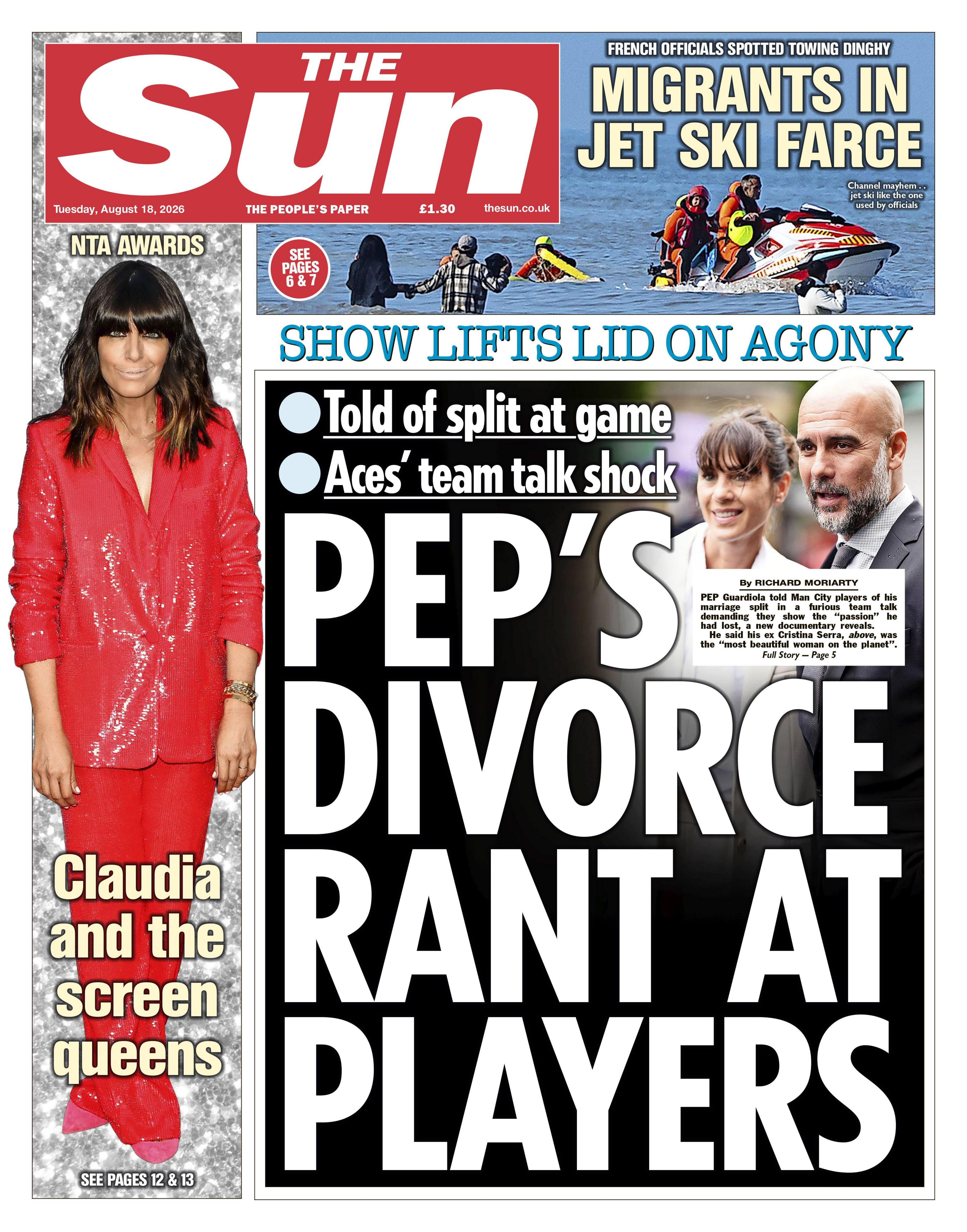 The headline on the front page of the Sun reads: "Pep's divorce rant at players."