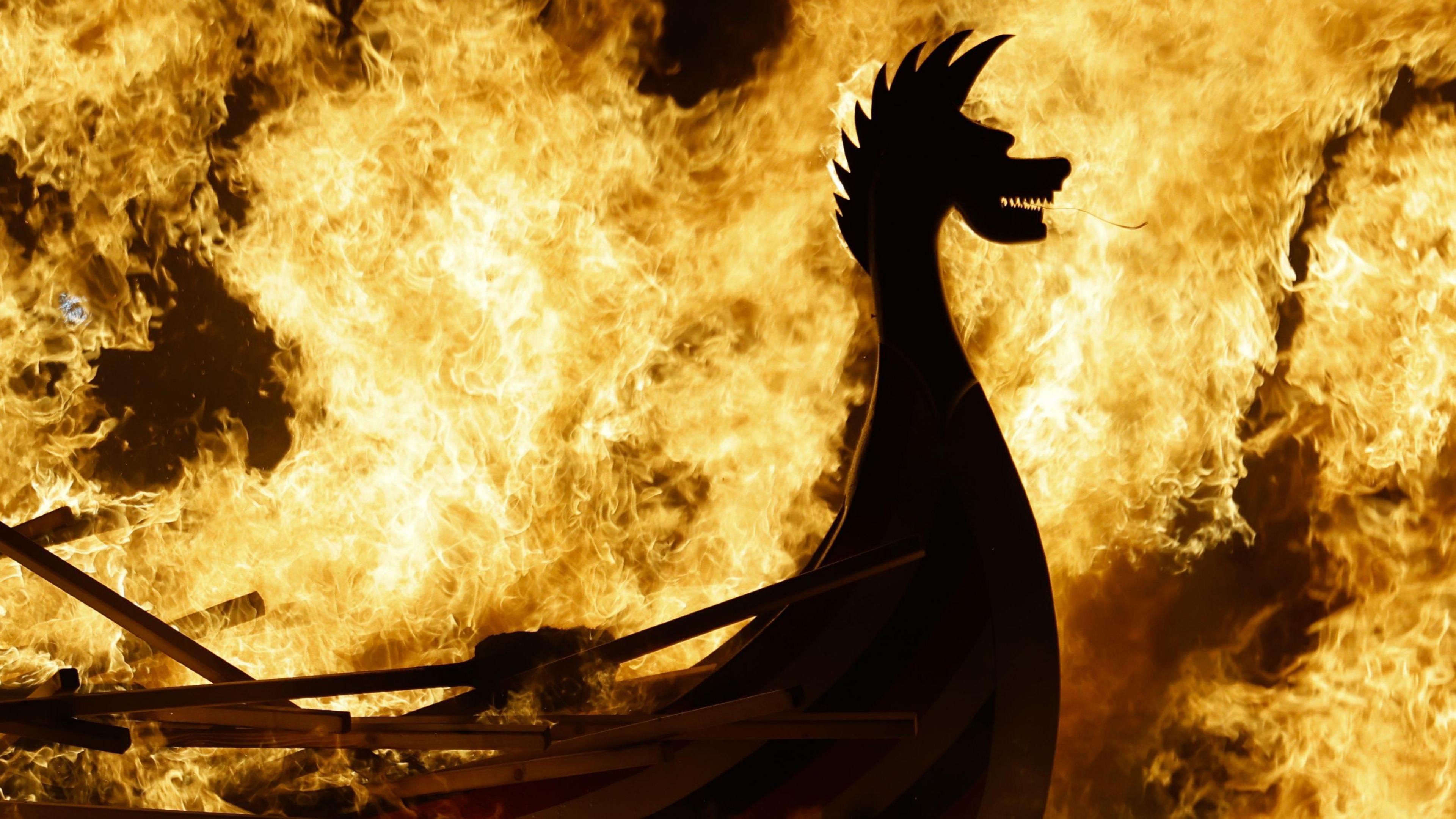 viking longboat on fire