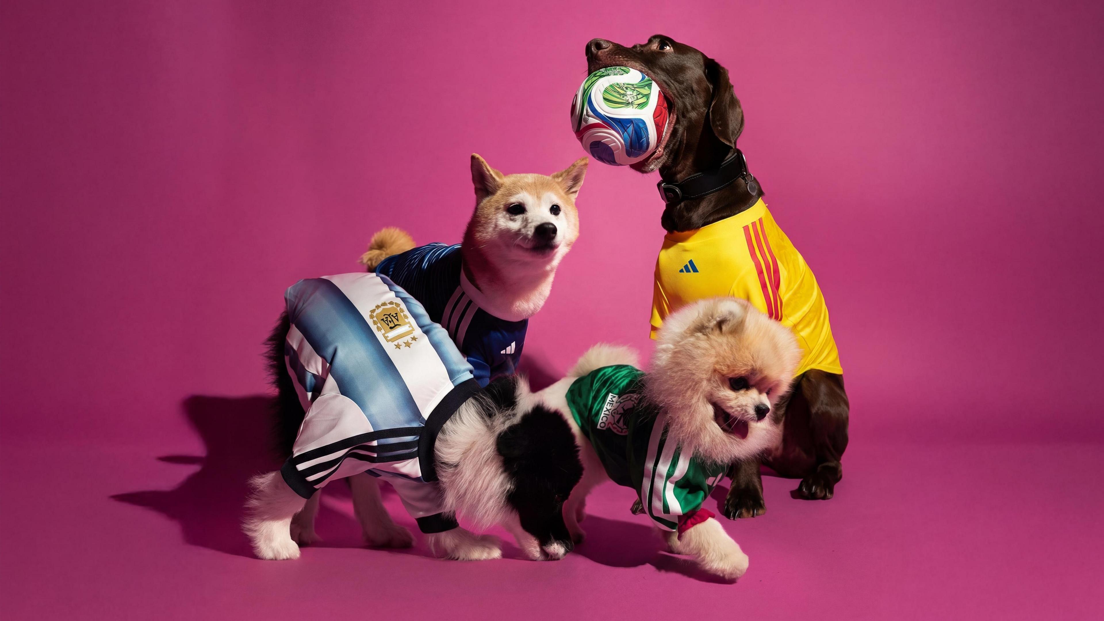four dogs wearing the tiny football shirts