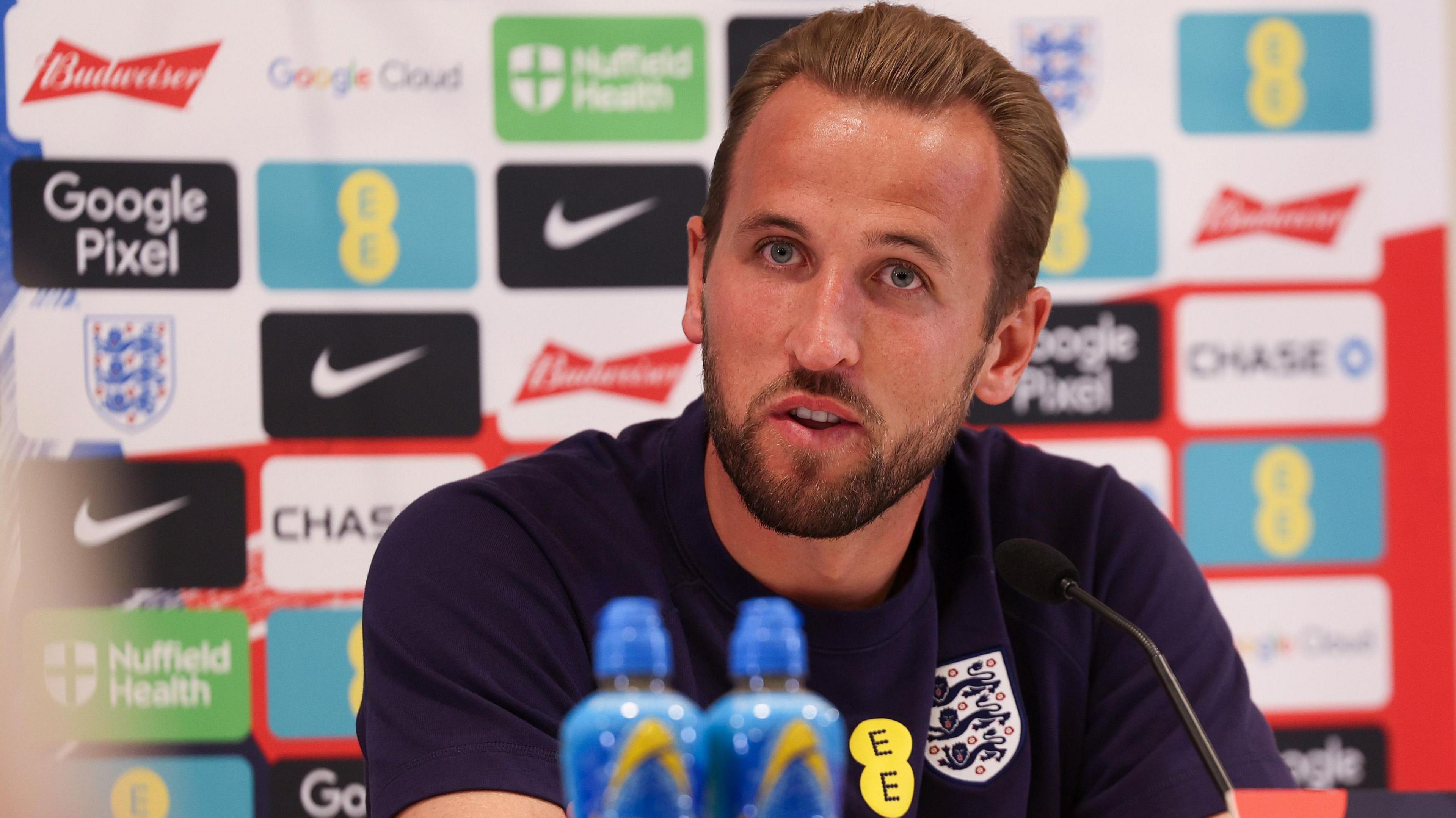 Harry Kane speaks to the media at an England news conference