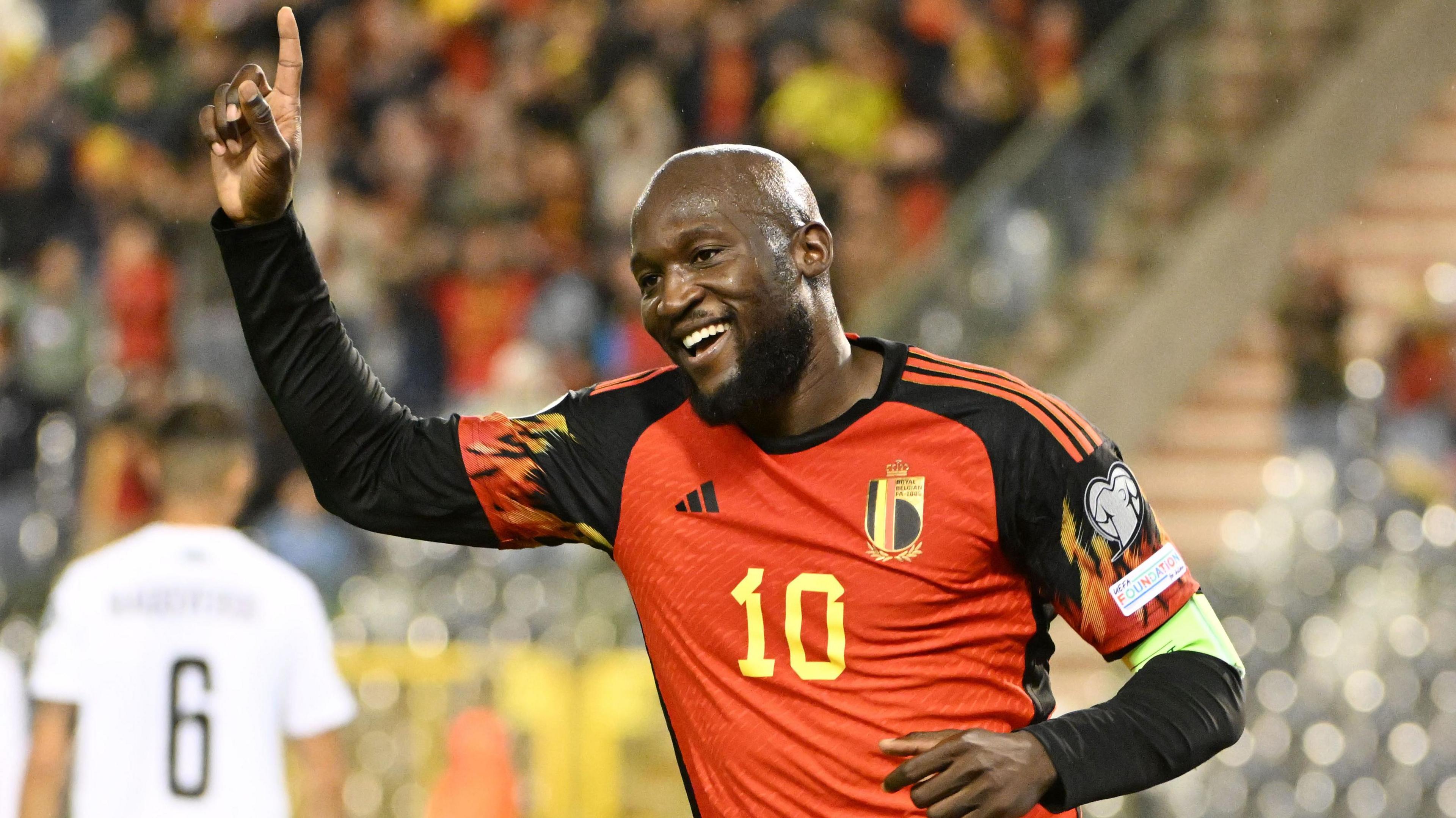 Romelu Lukaku celebrating scoring a goal for Belgium